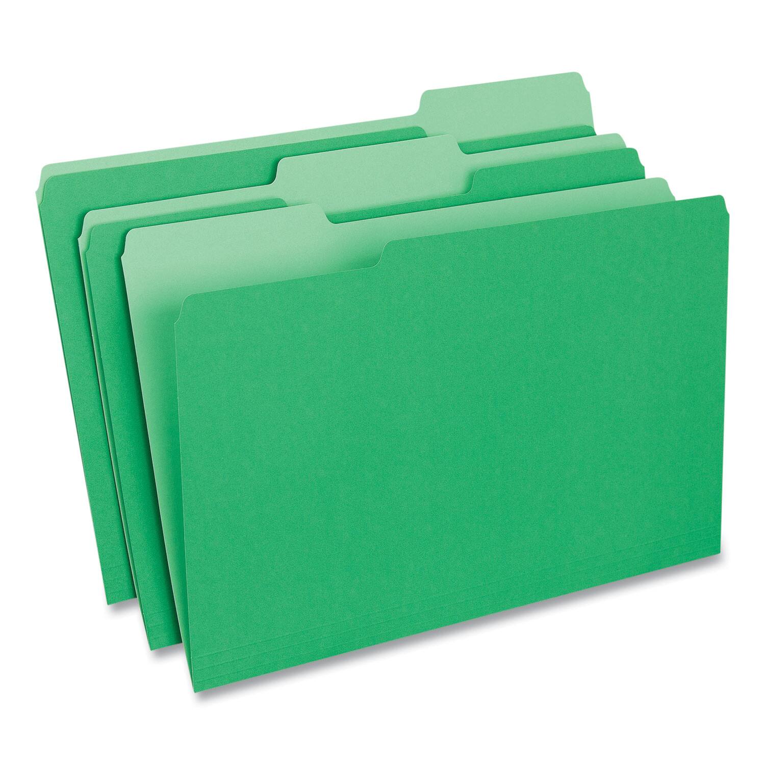 Angle. Universal - Deluxe Colored Top Tab File Folders, 1/3-Cut Tabs: Assorted, Legal Size, Bright Green/Light Green, 100/Box.