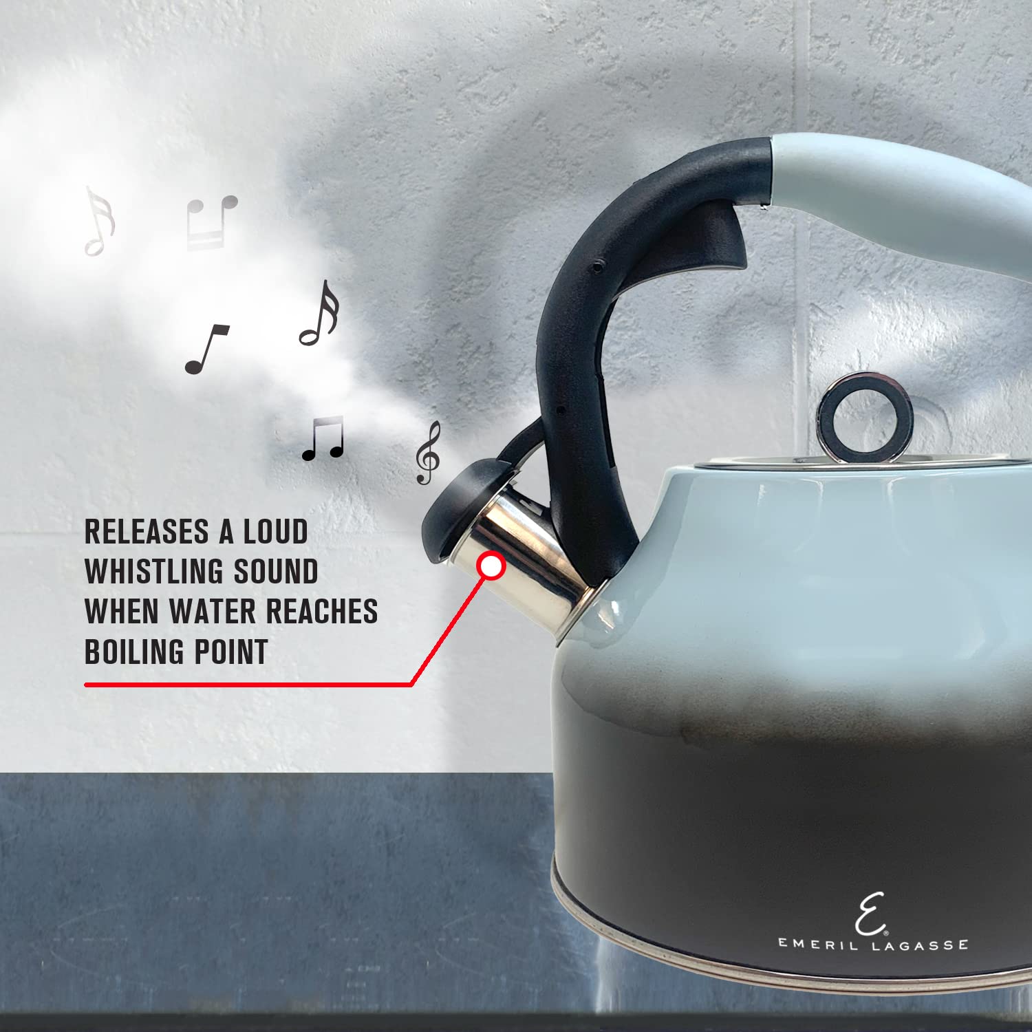 Releases a loud whistling sound when water reaches boiling point. E. Emeril Lagasse