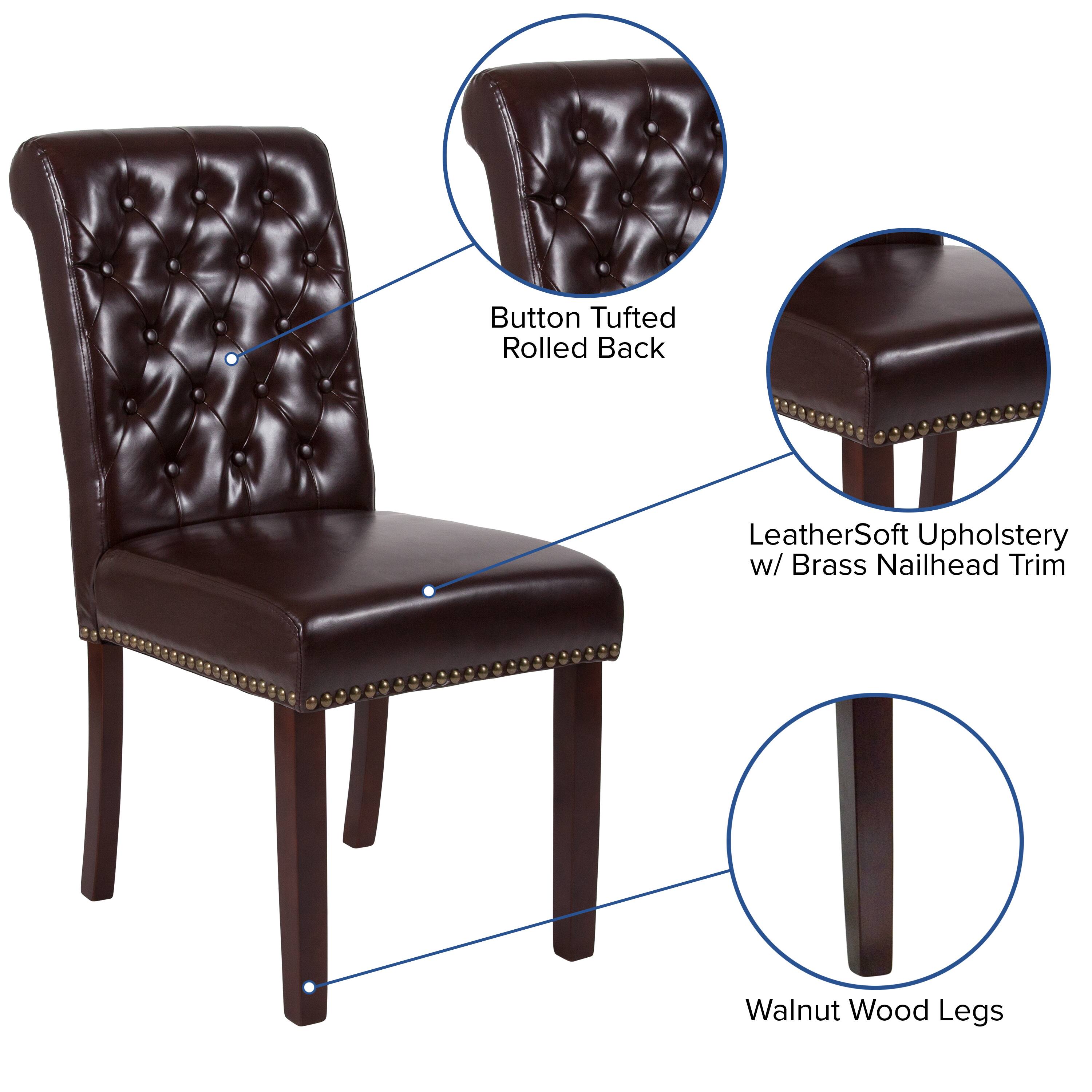 Button Tufted Rolled Back  
LeatherSoft Upholstery w/ Brass Nailhead Trim  
Walnut Wood Legs