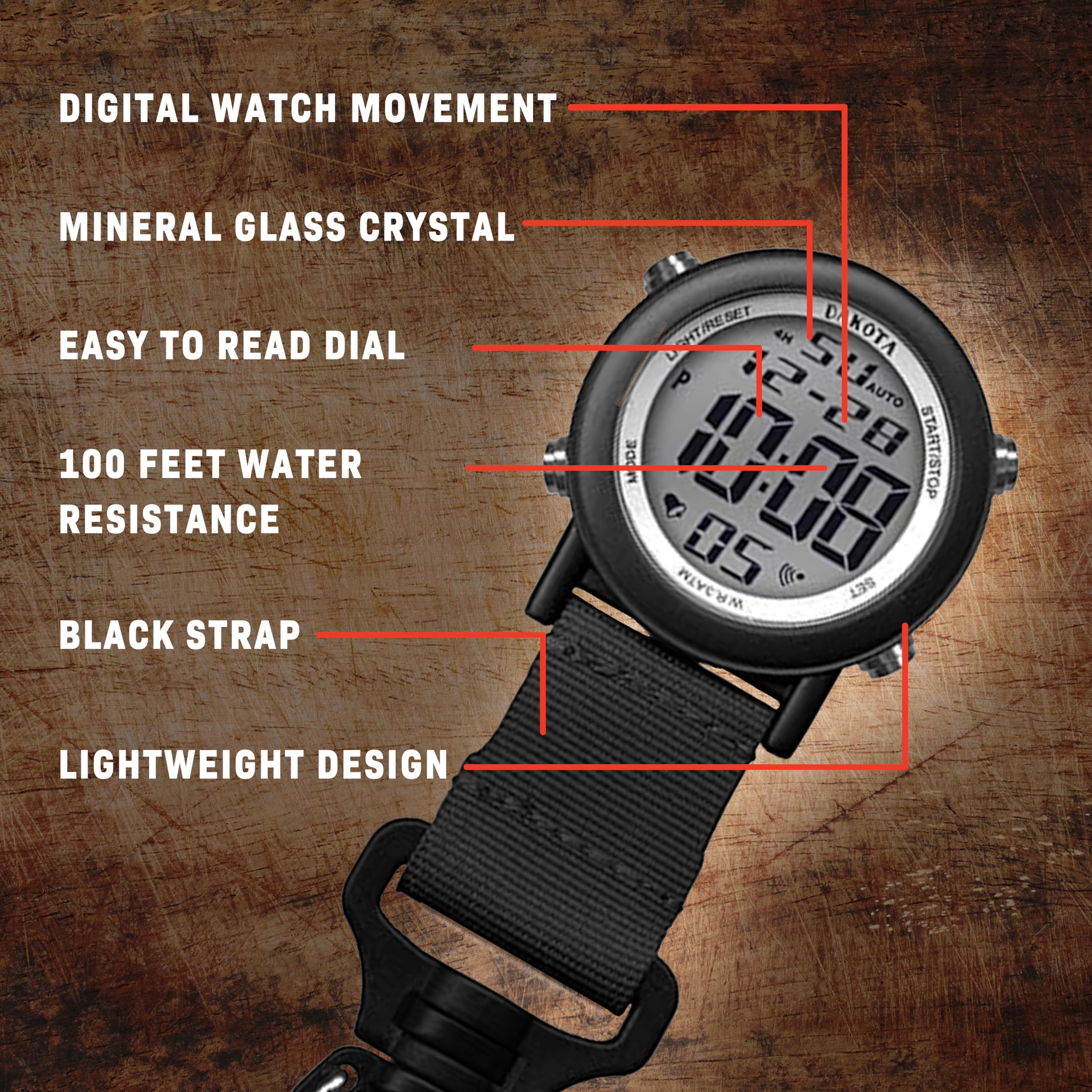 DIGITAL WATCH MOVEMENT  
MINERAL GLASS CRYSTAL  
EASY TO READ DIAL  
100 FEET WATER RESISTANCE  
BLACK STRAP  
LIGHTWEIGHT DESIGN