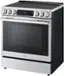 The image shows a stainless steel LG oven with a black door. The oven has a digital display and a timer that shows the time of 2:35. The oven is a modern and sleek design, with a large window that allows for easy viewing of the food being cooked. The oven is likely a part of a kitchen appliance set, which includes a stove and a microwave.