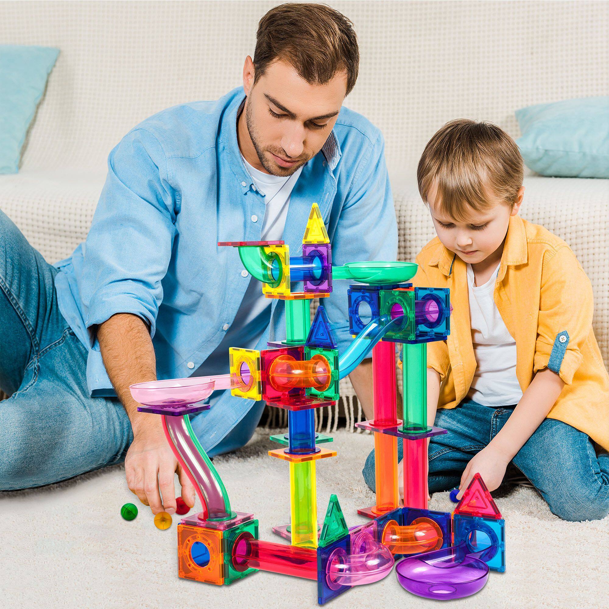 Alt View 2. PicassoTiles - PICASSO-TILES 100pc Marble Run Magnetic Tiles, Race Track Building Blocks Set, STEM Toy for Kids - Multicolor.