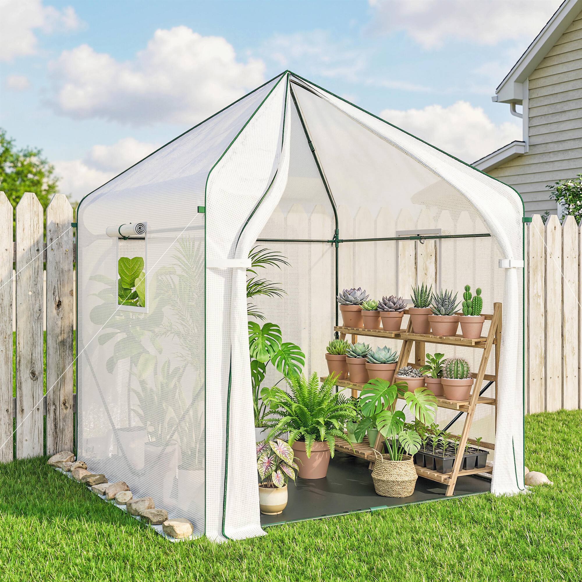 Alt View 1. Outsunny - Greenhouse, 63" x 63" x 78.7", Roll-Up Door, 3 Mesh Windows, PE Cover - White.