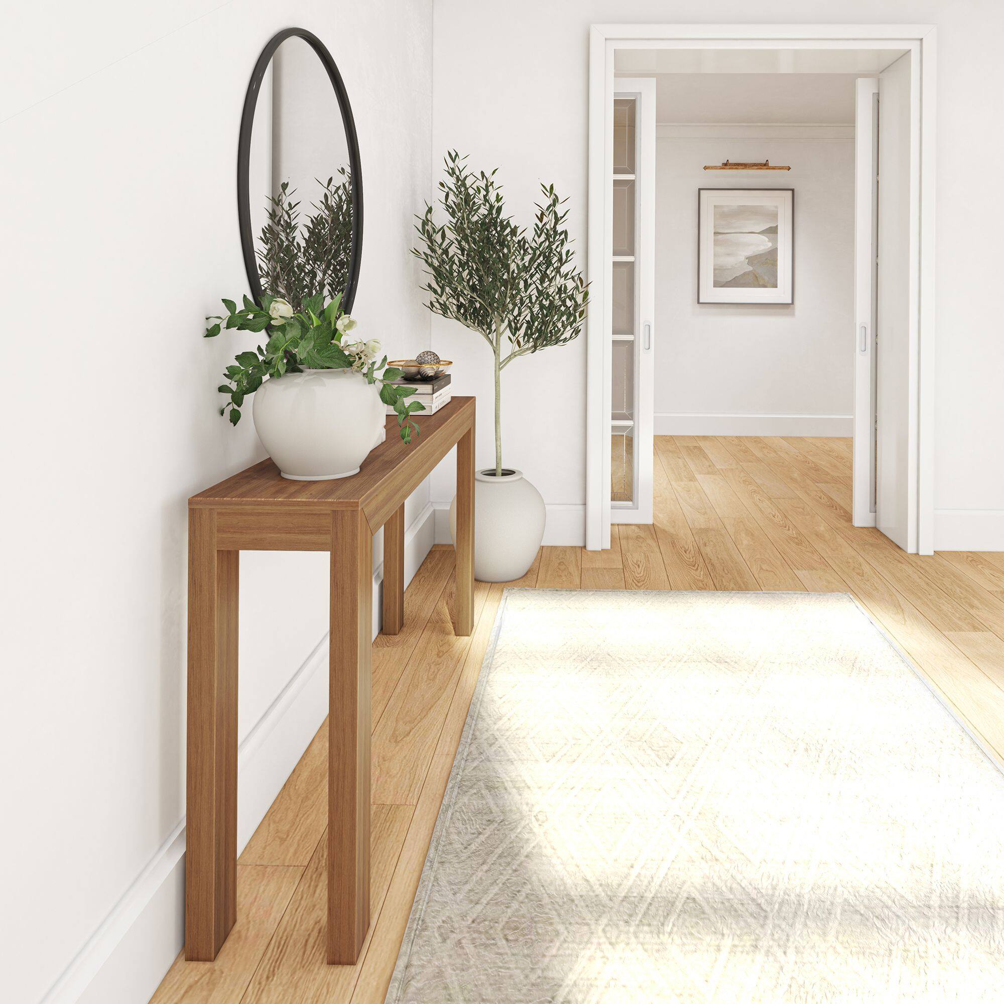 Alt View 3. Plank+Beam - Modern Console Table (56in / 1420mm), Pecan - Pecan.