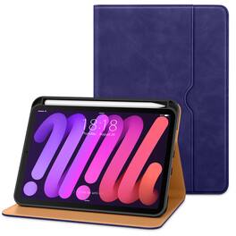 DTTO - Case for iPad Mini 7 (A17 Pro) 2024 / Mini 6 2021 8.3" - Leather Folio Stand with Pencil Holder & Multi-Angle Viewing - Deep Blue