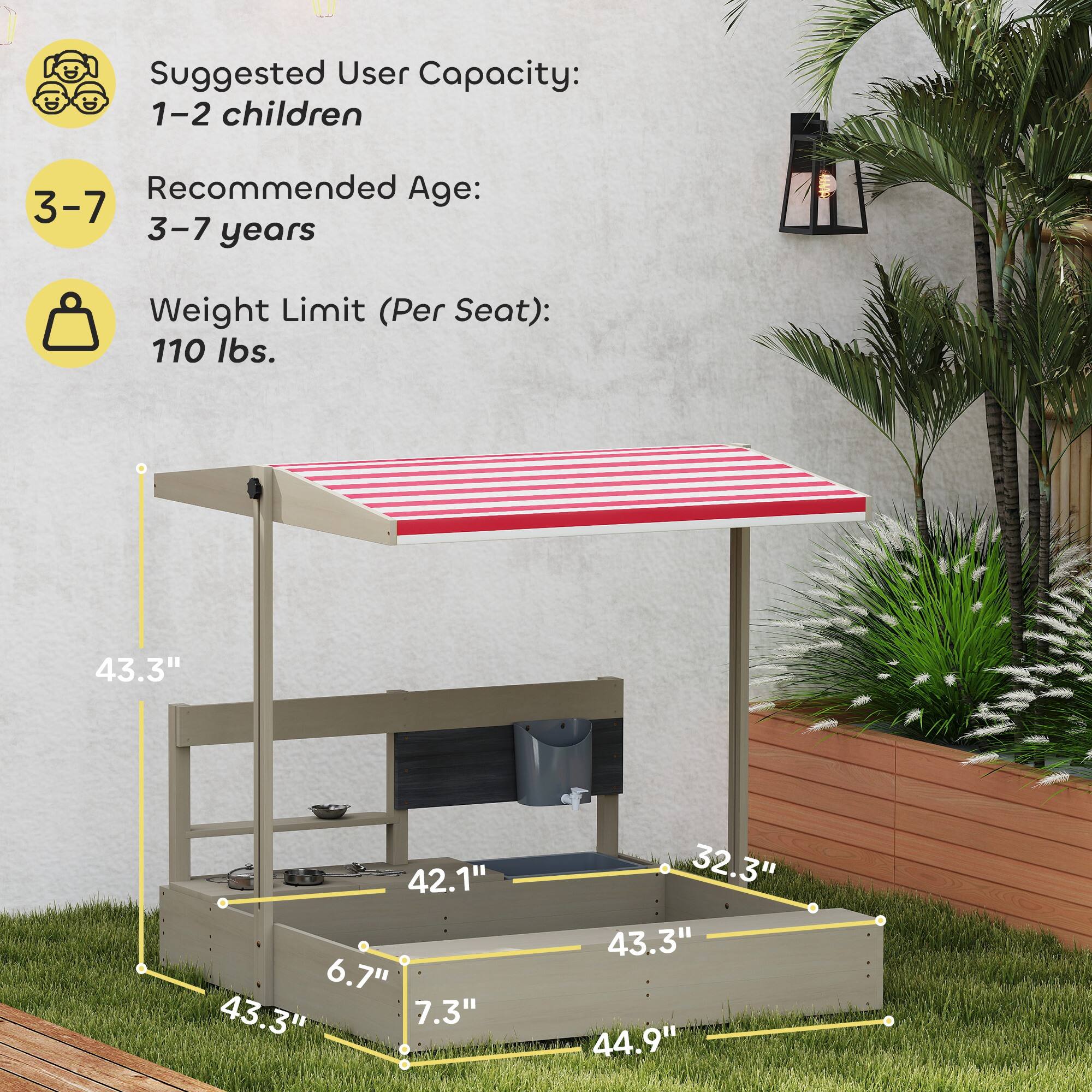 Suggested User Capacity:  
1-2 children  

Recommended Age:  
3-7 years  

Weight Limit (Per Seat):  
110 lbs.  

Dimensions:  
- Height: 43.3"  
- Width: 44.9"  
- Depth: 42.1"  
- Seat Height: 6.7"  
- Seat Depth: 7.3"  
- Table Height: 32.3"  
- Table Width: 43.3"  
- Table Depth: 44.9"