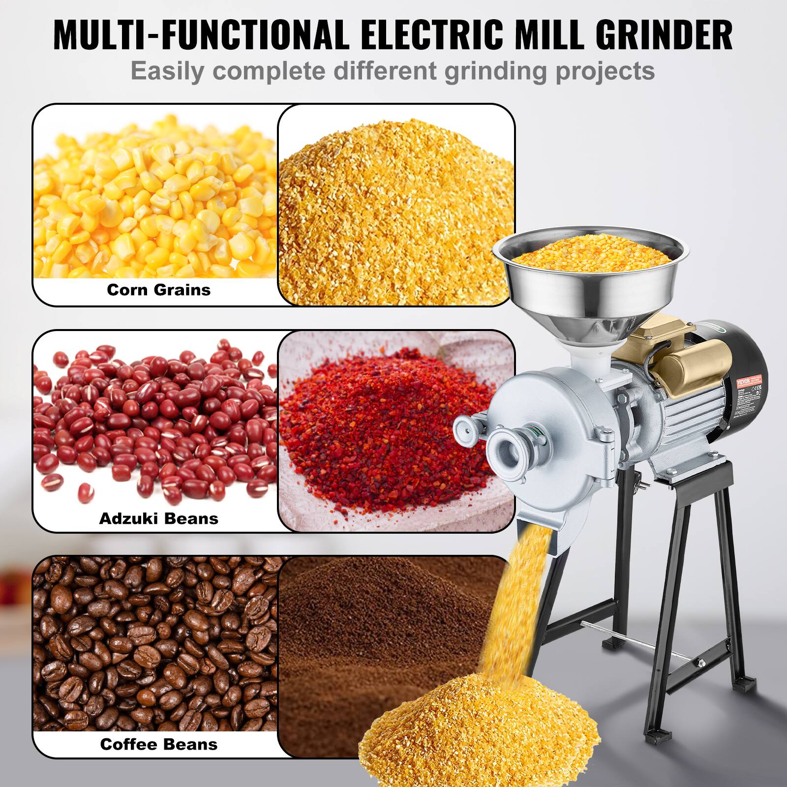 MULTI-FUNCTIONAL ELECTRIC MILL GRINDER  
Easily complete different grinding projects  

Corn Grains  
Adzuki Beans  
Coffee Beans