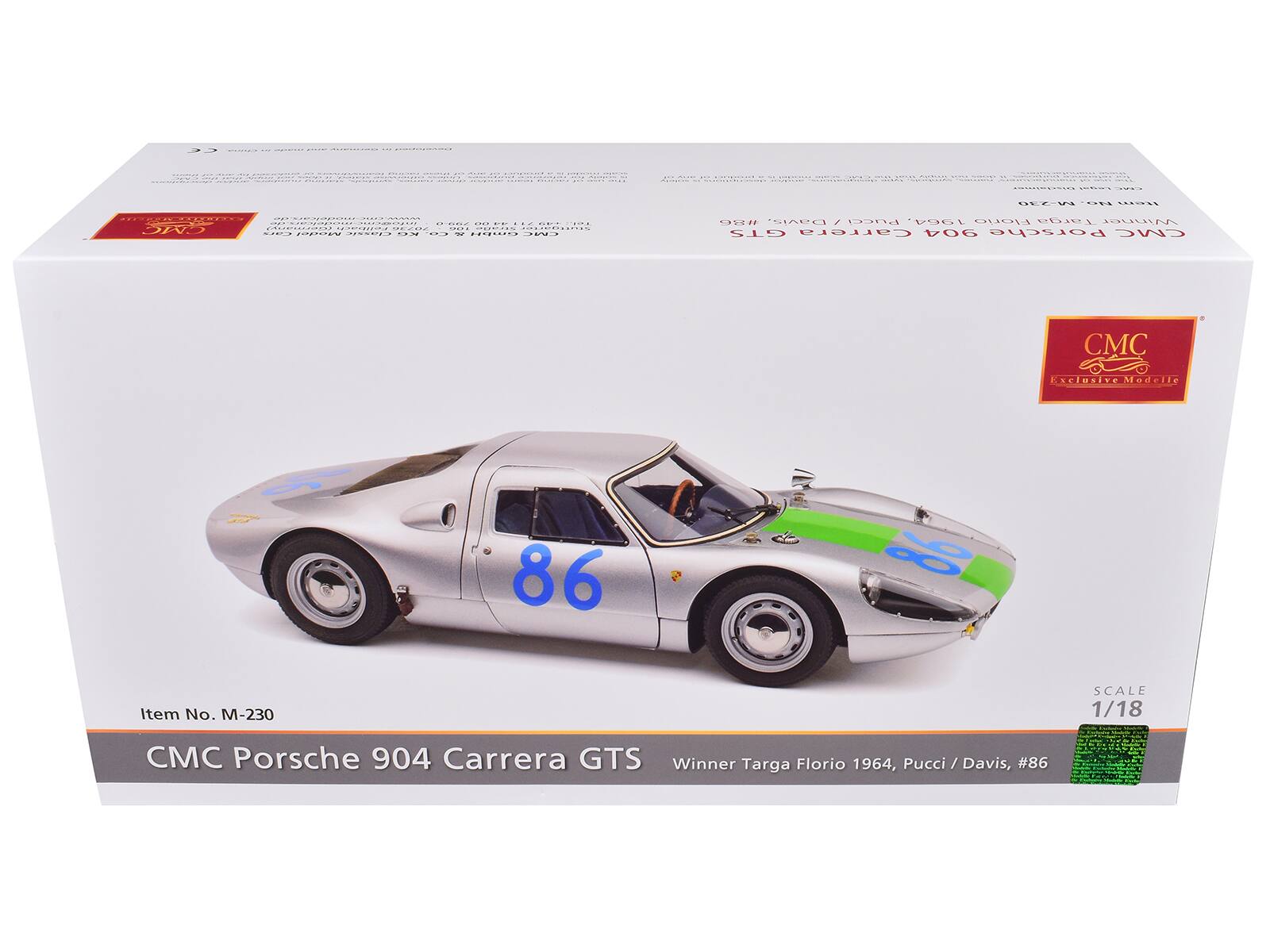 | .... .... 0EZWN en .......  .... ........... ........ .... .... .... CA CCOIA ... | .......... CEC. .C0 ..... .- .. - ......... ...  Davis. BUcEi 1904. Horo Targa Winner GTS Carrera 904 Porsche CMC CMC sclusite Madell 86 O Item No. -230 SCALE 1/18 CMC Porsche 904 Carrera GTS Winner Targa Florio 1964, Pucci / Davis, #86