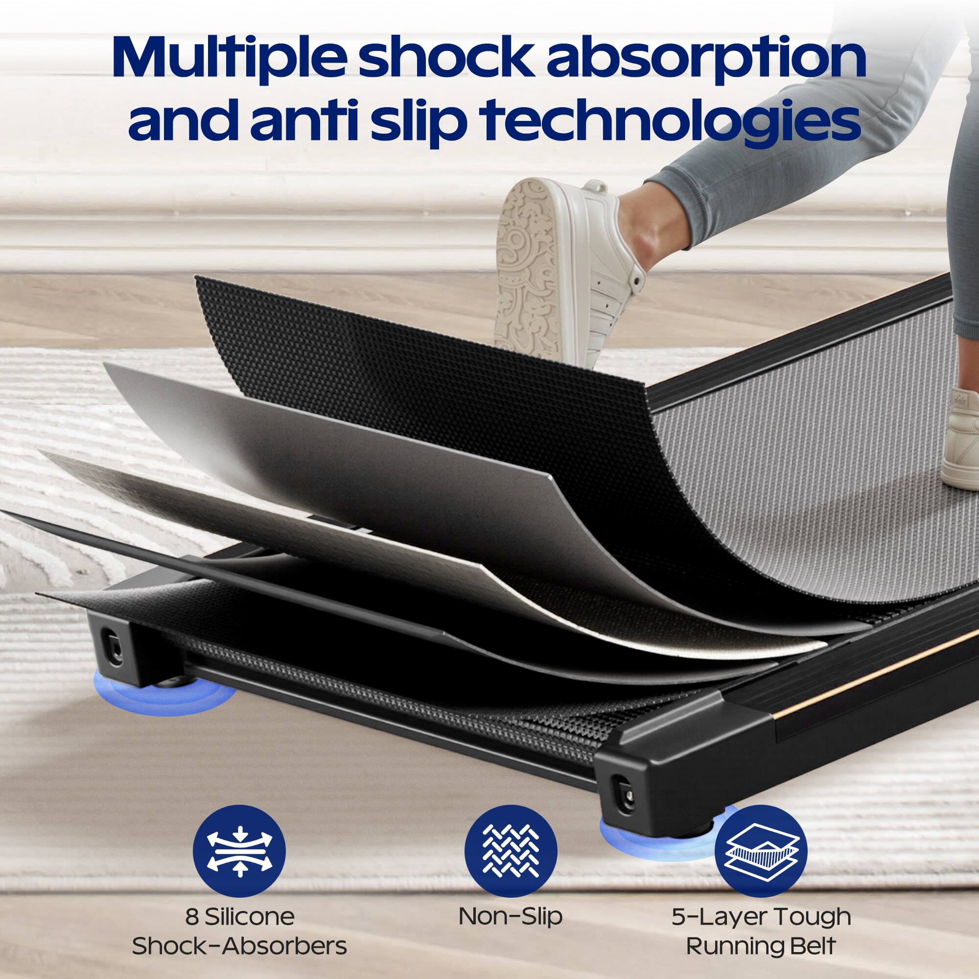 Multiple shock absorption and anti slip technologies

8 Silicone Shock-Absorbers

Non-Slip

5-Layer Tough Running Belt