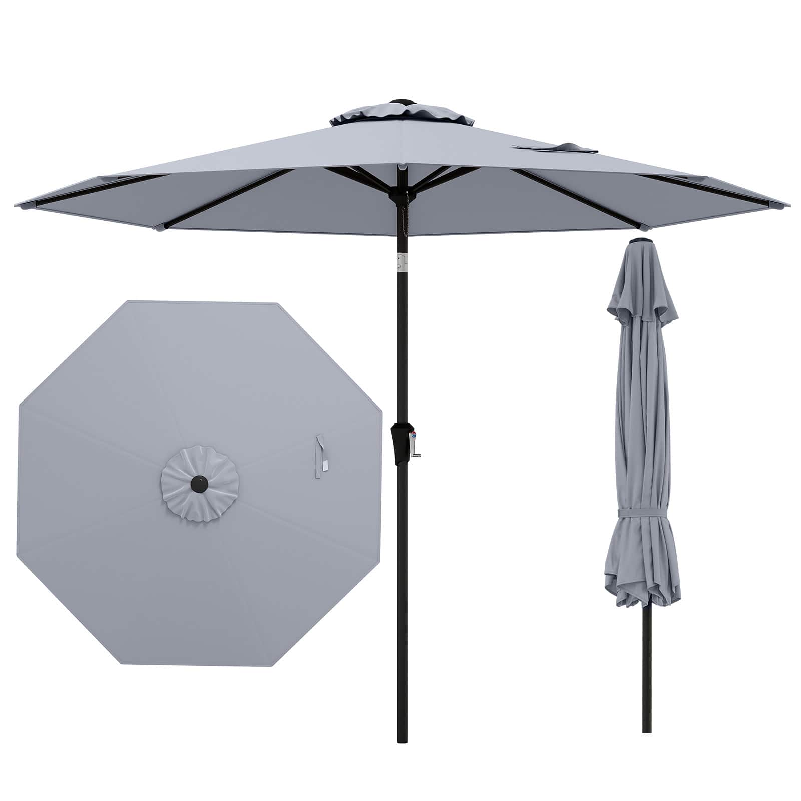 Gymax - Patio Umbrella w/Push Button Tilt Crank Handle 8 Sturdy Ribs for Patio Garden - Gray