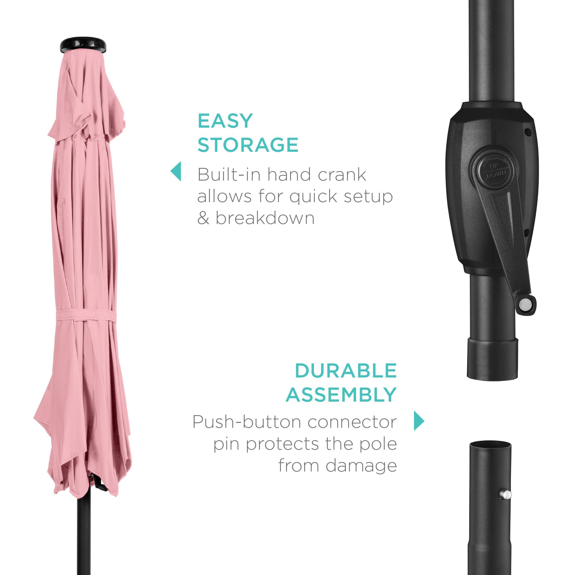 EASY STORAGE: Built-in hand crank allows for quick setup & breakdown.  
DURABLE ASSEMBLY: Push-button connector pin protects the pole from damage.