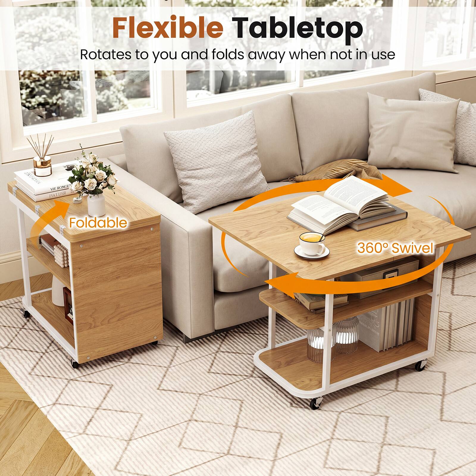 Flexible Tabletop  
Rotates to you and folds away when not in use  

Foldable  
360° Swivel