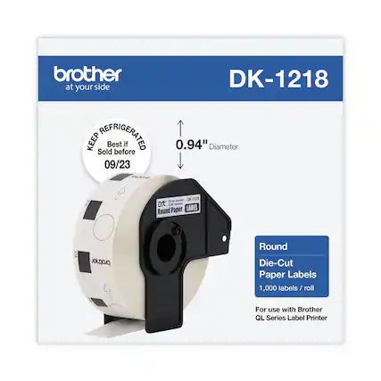 - Brother at your side
- DK-1218
- KEEP REFRIGERATED
- Best if Sold before 09/23
- 0.94" Diameter
- Round Die-Cut Paper Labels
- 1,000 labels / roll
- For use with Brother QL Series Label Printer