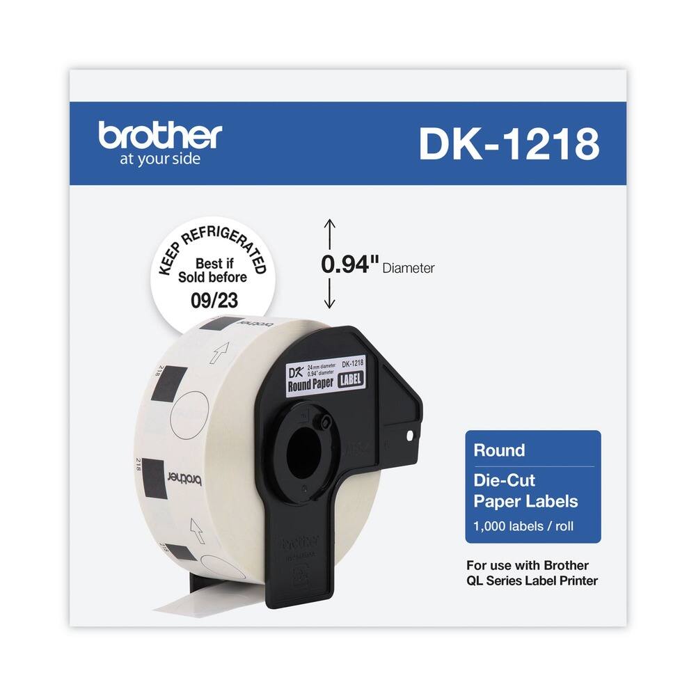 - Brother at your side
- DK-1218
- KEEP REFRIGERATED
- Best if Sold before 09/23
- 0.94" Diameter
- Round Die-Cut Paper Labels
- 1,000 labels / roll
- For use with Brother QL Series Label Printer