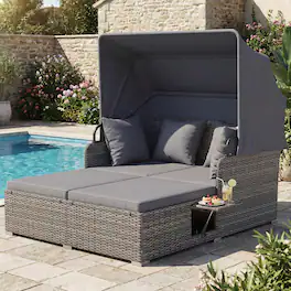 Gymax - Patio Rattan Daybed Lounge Retractable Top Canopy Side Tables Cushions Grey - Gray