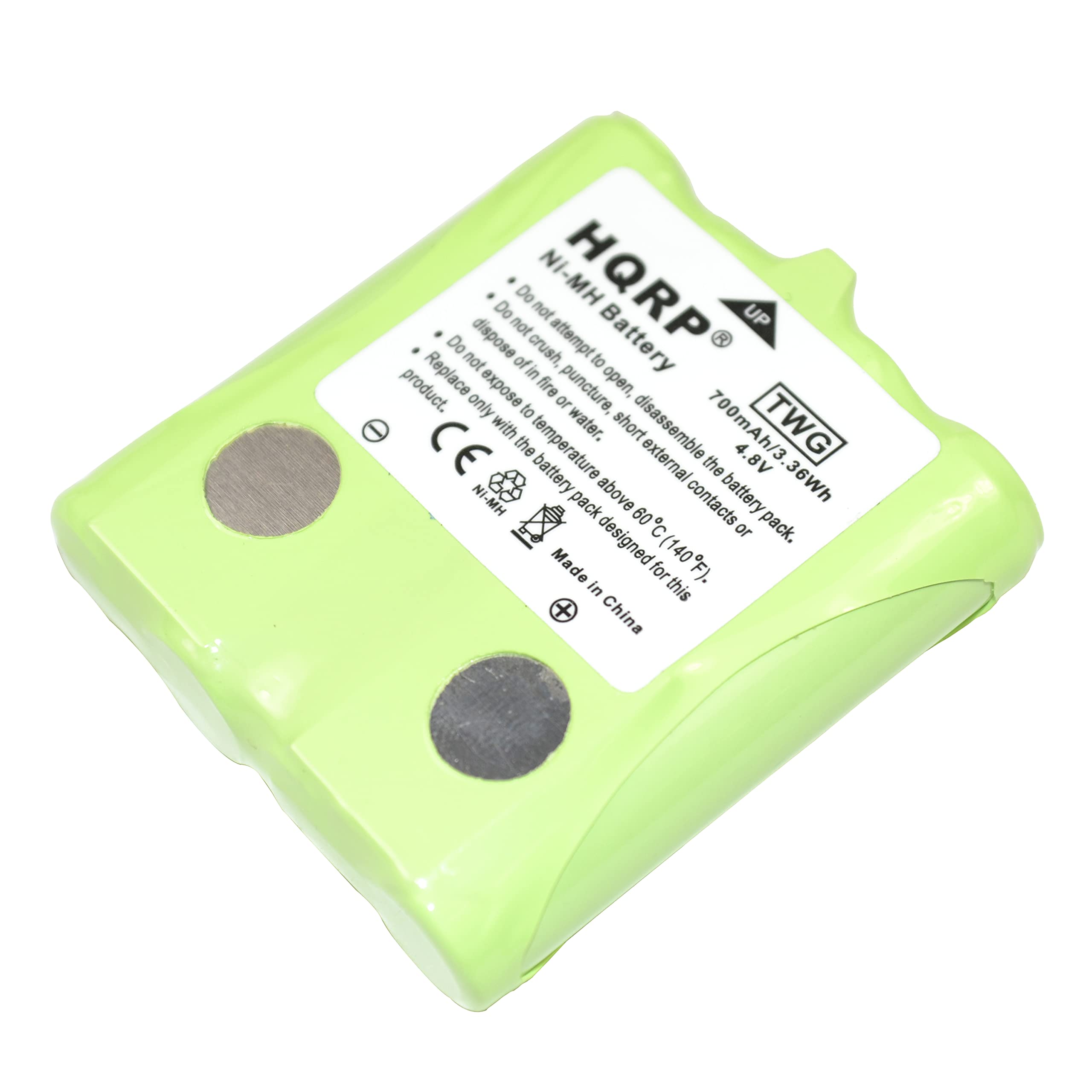 Do not crush, dispose of, attempt to open, expose to fire, puncture, or short the battery. Replace only with the same type of battery. Do not expose to temperatures above 60°C (140°F). Do not disassemble the battery pack. Made in China

HQRP
Ni-MH Battery
700mAh/3.6Wh
4.8V
TWG
CE