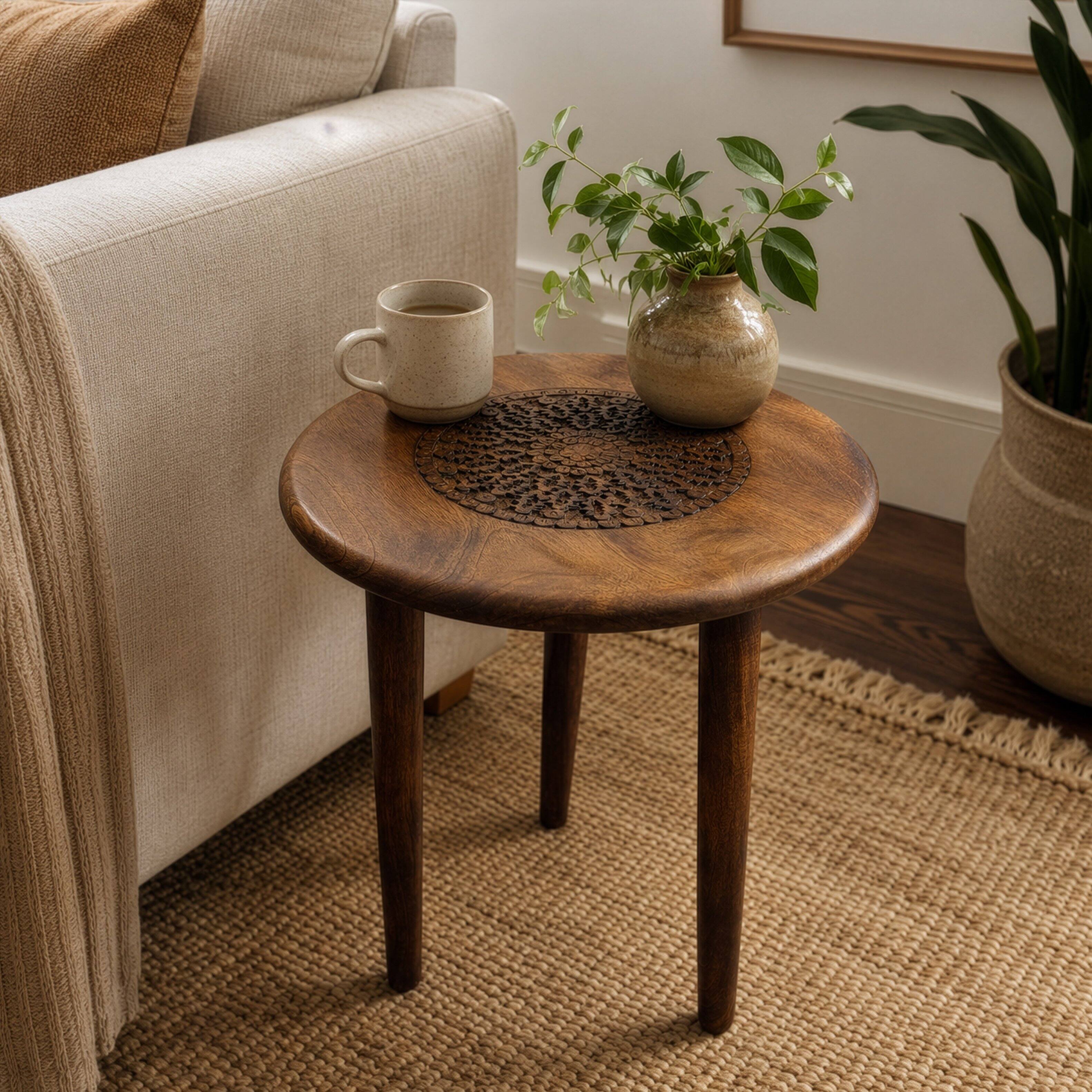 Alt View 8. Manhattan Lane - Ama 22 Inch Side End Table, Round Top, Indian Mandala Floral Carving, 3 Legs, Brown Mango Wood - Brown.