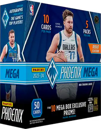 LOOK FOR AUTOGRAPHS OF SOME OF THE GAME'S TOP PLAYERS! 10 LUKA DONCIC CARDS PER PACK, 5 PACKS PER BOX. DALLAS DEBUT EDITION! 77 PHOENIX MEGA BOX NBA TRADING CARDS. OFFICIAL NBA PANINI 50 EXCLUSIVE FIND 10 MEGA BOX CARDS PRIZMS! PHOENIX. NO PURCHASE NECESSARY. PER BOX, ON AVERAGE.