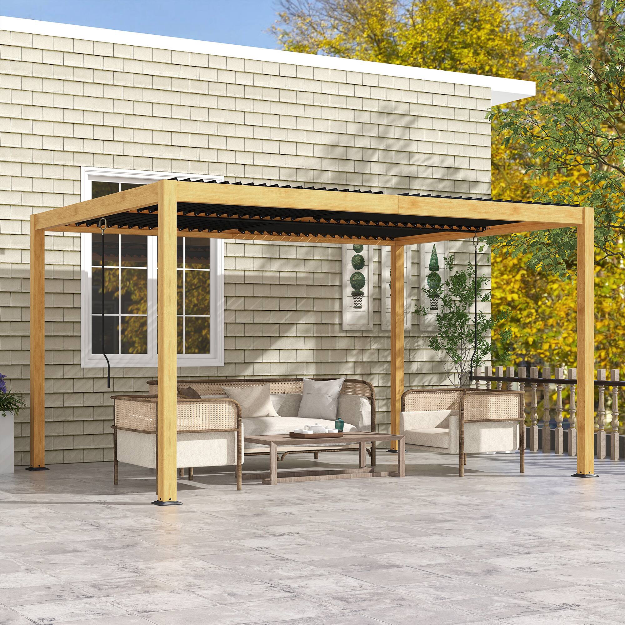 Alt View 1. Outsunny - 10' x 13' Louvered Pergola, Aluminum Outdoor Pergola with Adjustable Roof, Hardtop Gazebo for Patio, Deck, Garden - Black and Natural.