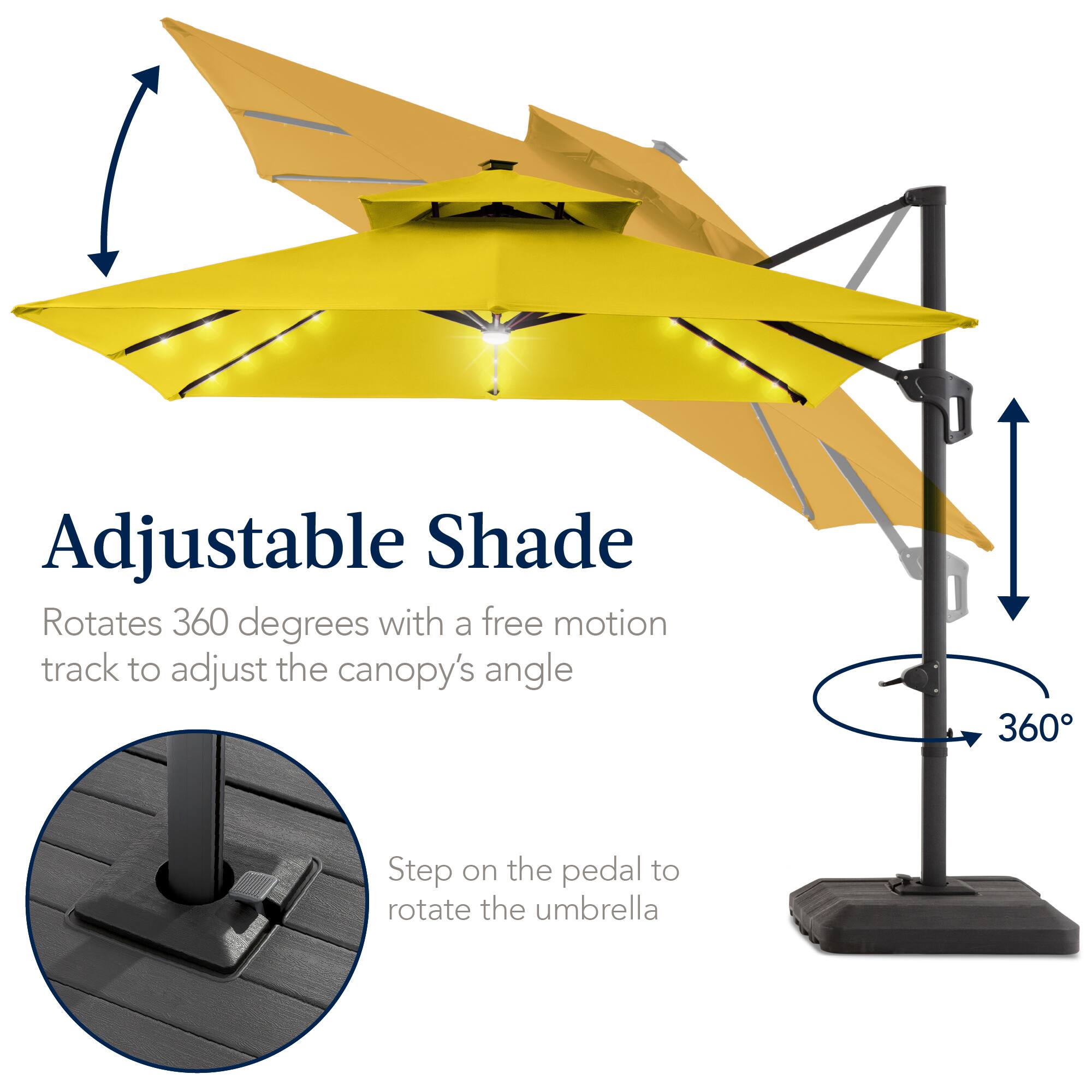 Adjustable Shade  
Rotates 360 degrees with a free motion track to adjust the canopy's angle  
Step on the pedal to rotate the umbrella