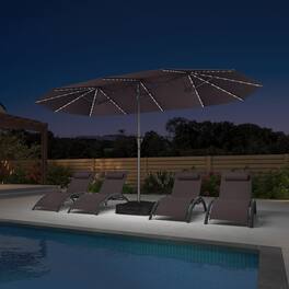PURPLE LEAF - 14 ft. Patio Market Umbrella with Solar LED and Base Double-Sided Outdoor Table Sun Umbrellas for Pool Deck Backyard - Gray