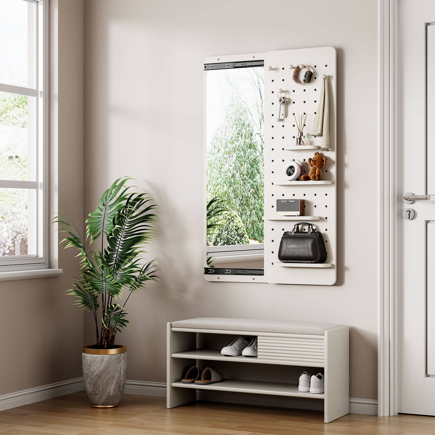Left. MERAVOM - Full Length Mirror with Shelf and Hooks, Wall Mirror with Shelf, Wall Mirror with Storage for Entryway, Living Room - White.