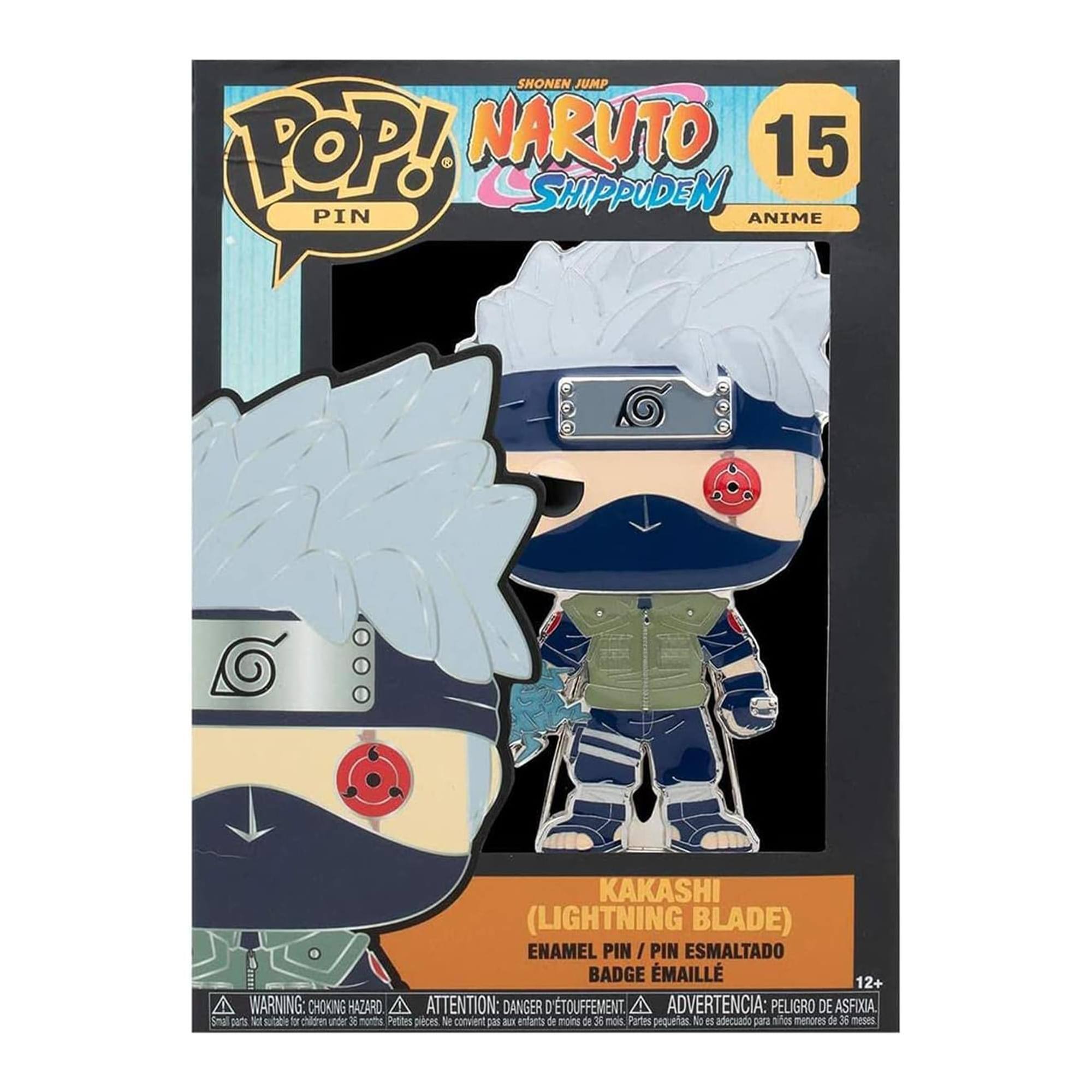 Sure, here is the corrected and grouped text from the image:

---

**SHONEN JUMP POP! NARUTO 15 SHIPPUDEN PIN ANIME**

**KAKASHI (LIGHTNING BLADE) ENAMEL PIN / PIN ESMALTADO BADGE ÉMAILLE**

**WARNING: CHOKING HAZARD**  
**ATTENTION: DANGER D'ÉTOUFFEMENT**  
**ADVERTENCIA: PELIGRO DE ASFIXIA**

**Small parts. Not for children under 3 years.**  
**Partes pequeñas. No adecuado para niños menores de 3 años.**

**12+**

---