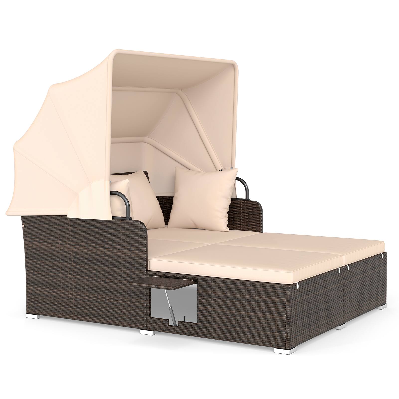 Alt View 8. Gymax - Gymax Patio Rattan Daybed Lounge Retractable Top Canopy Side Tables Cushions for Outdoor Brown - Brown.