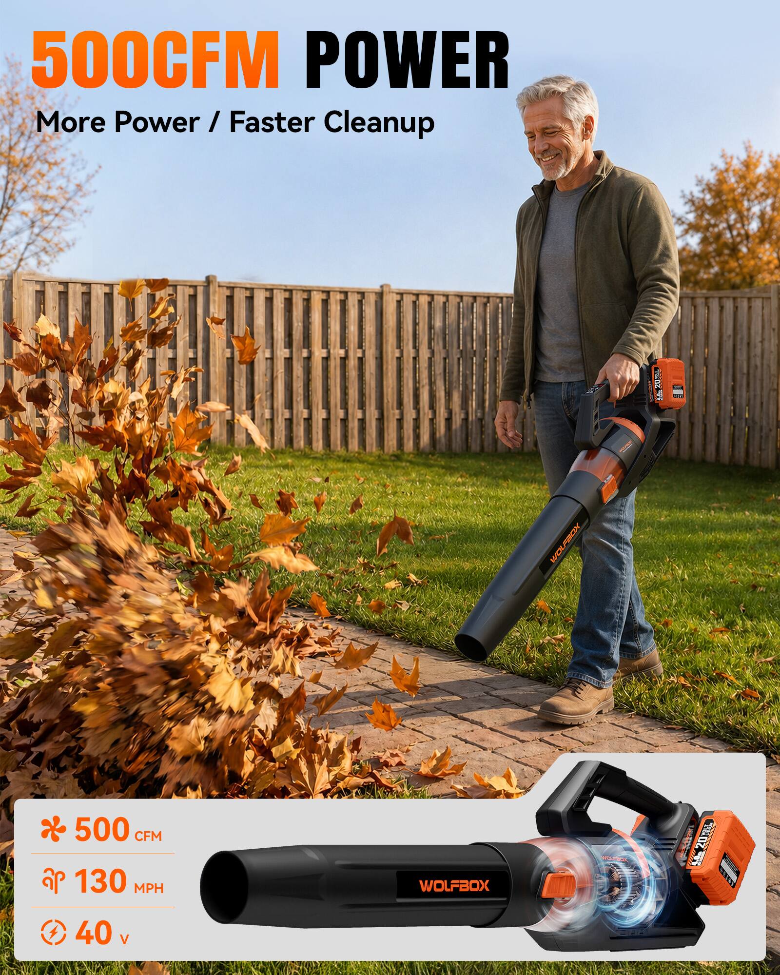 500CFM POWER  
More Power / Faster Cleanup  

500 CFM  
130 MPH  
40 V