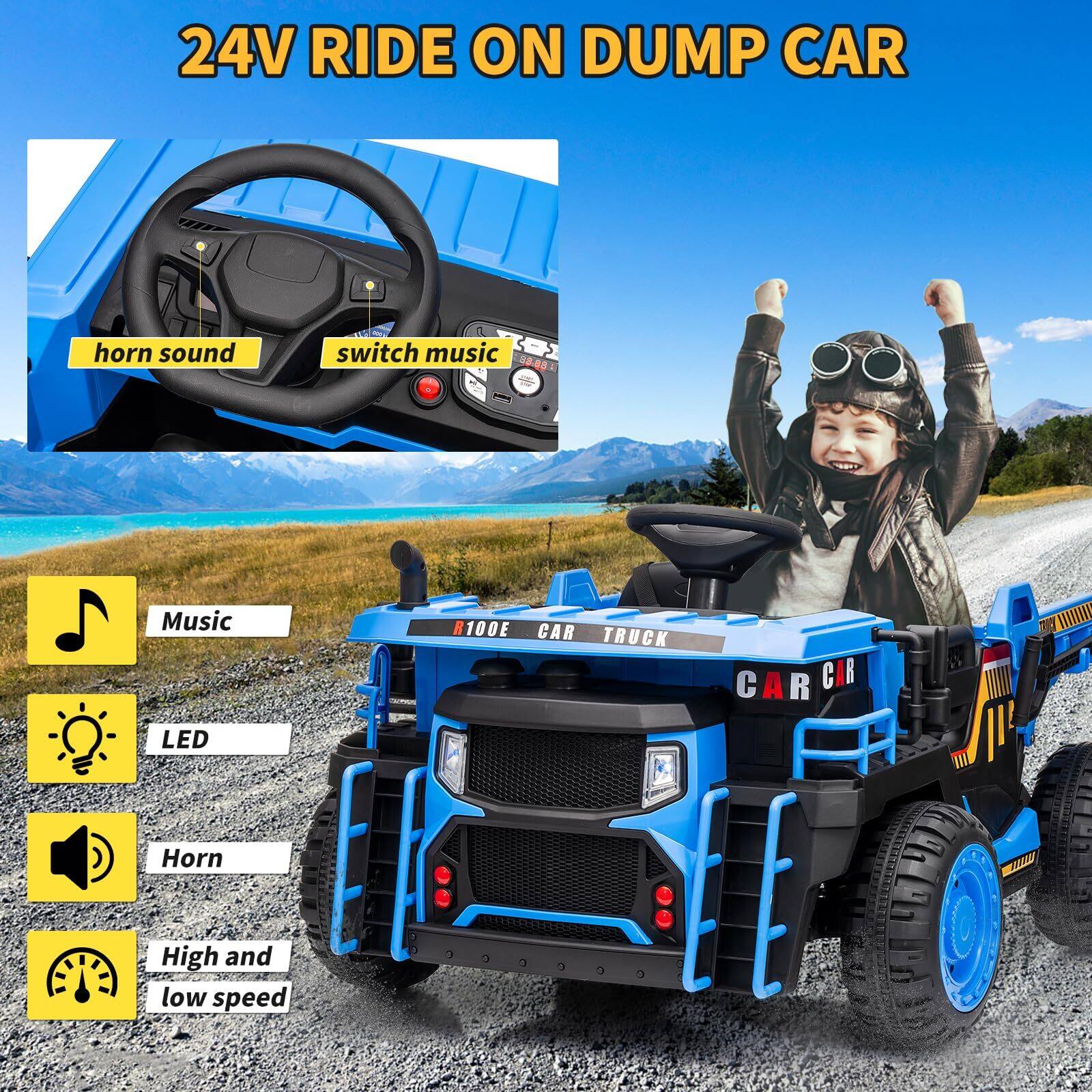 24V RIDE ON DUMP CAR

- horn sound
- switch music

Music
LED
Horn
High and low speed

R100E CAR TRUCK