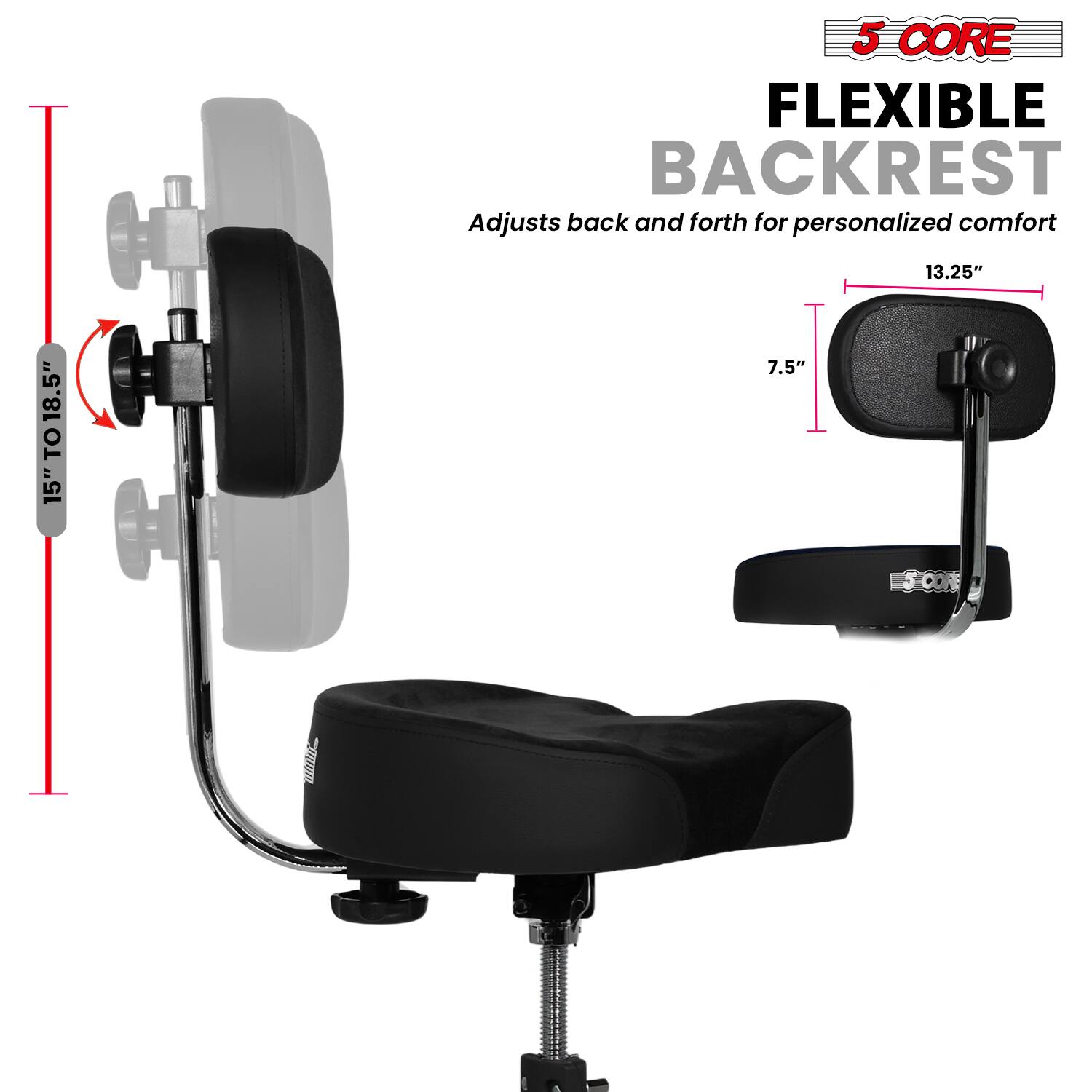 5 CORE  
FLEXIBLE BACKREST  
Adjusts back and forth for personalized comfort  

15" TO 18.5"  
13.25"  
7.5"
