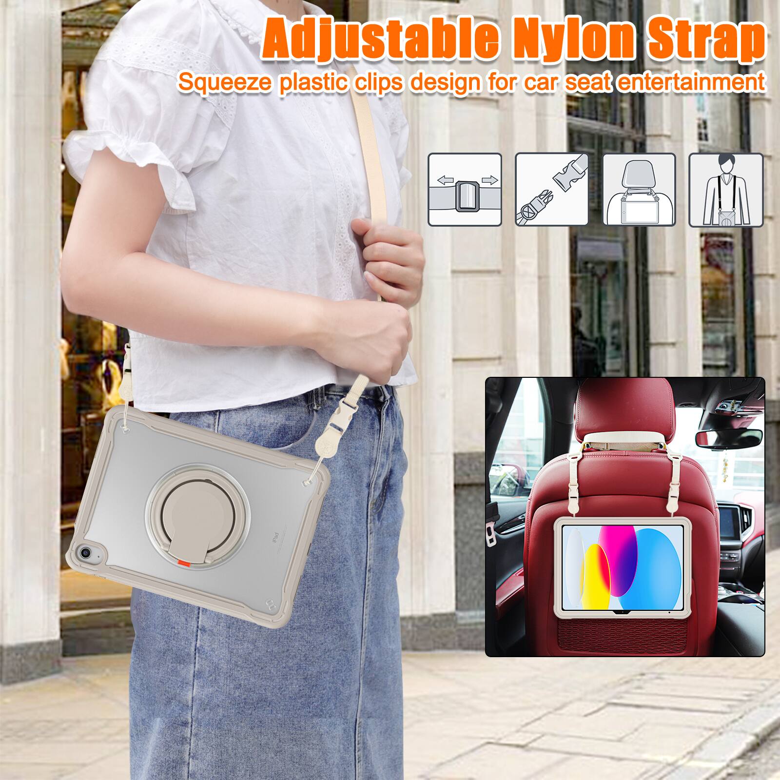 Adjustable Nylon Strap  
Squeeze plastic clips design for car seat entertainment