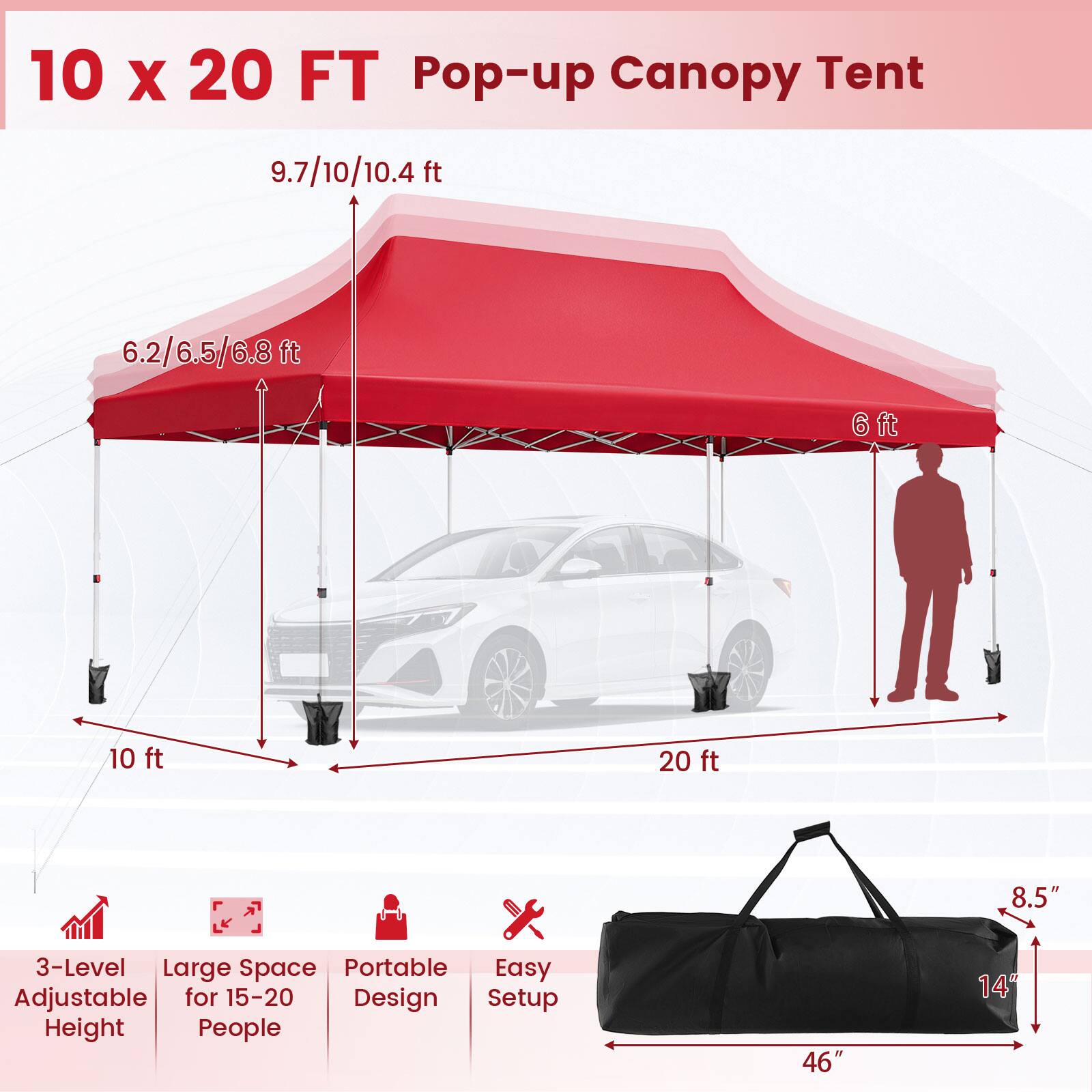 10 x 20 FT Pop-up Canopy Tent

9.7/10/10.4 ft
6.2/6.5/6.8 ft
6 ft
10 ft
20 ft
8.5"
14"
46"

3-Level Large Space Portable Easy Adjustable for 15-20 Design Setup Height People