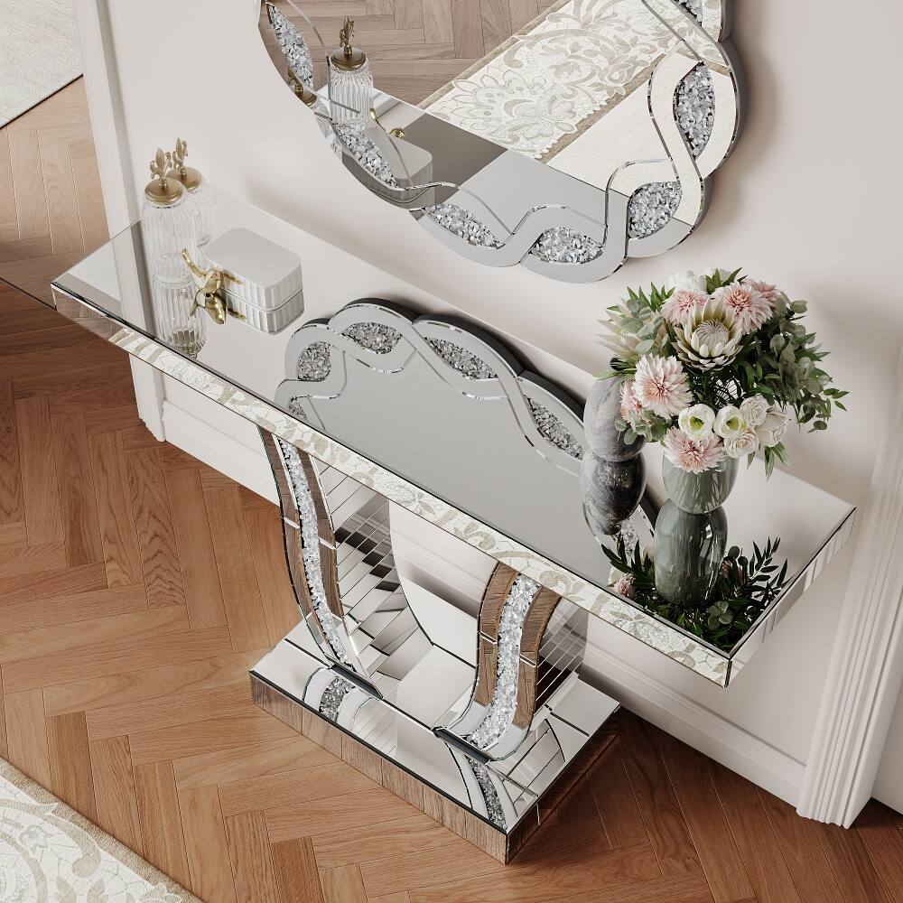 Alt View 1. Loheer - Loheer 43 inch mirrored console table, silver glam entryway table with glass top - Silver.