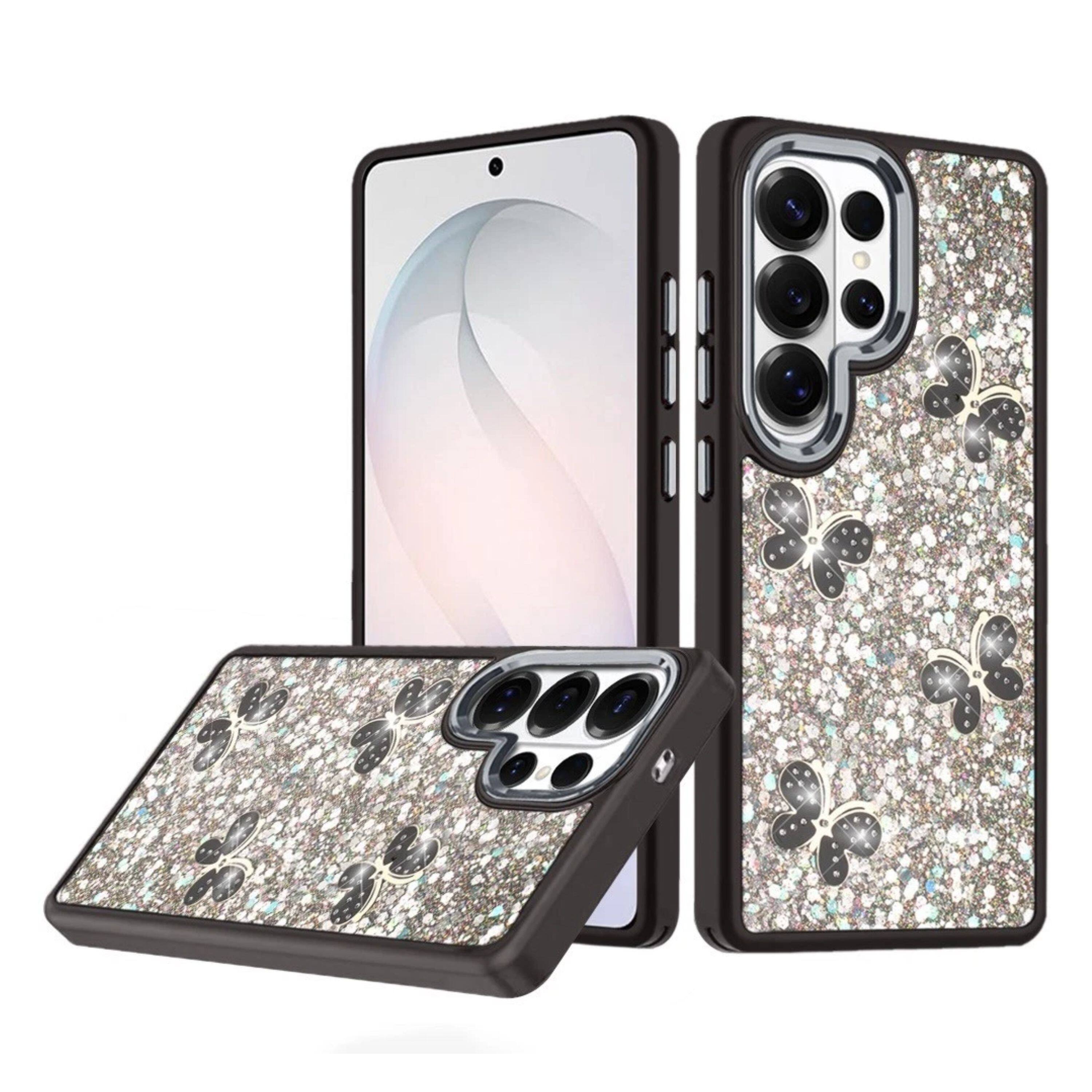Angle. Kitcheniva - Full Glitter Flakes & Butterflies Design Phone Case With Tempered Glass For Samsung S26 Ultra Black - Black.