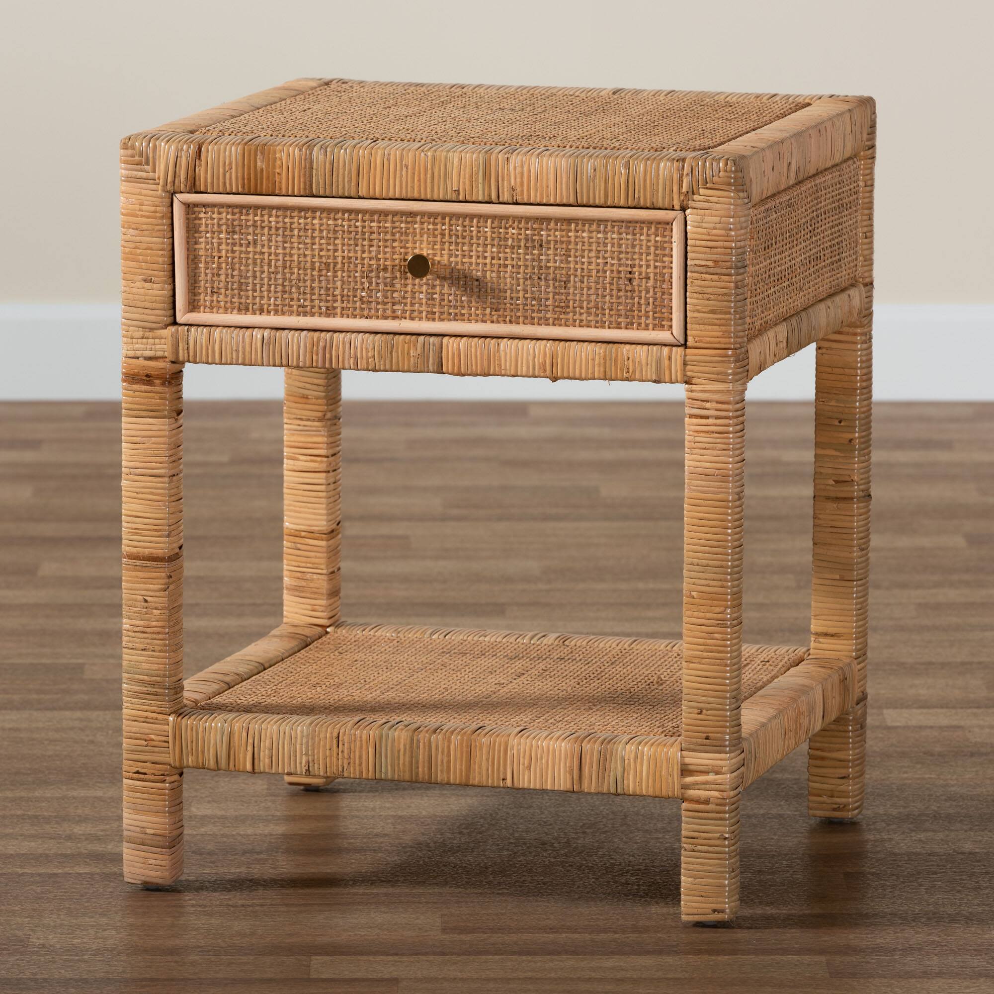 Alt View 6. bali & pari - Adelia Modern Bohemian Natural Rattan and Mahogany Wood 1-Drawer Nightstand - Natural Brown.