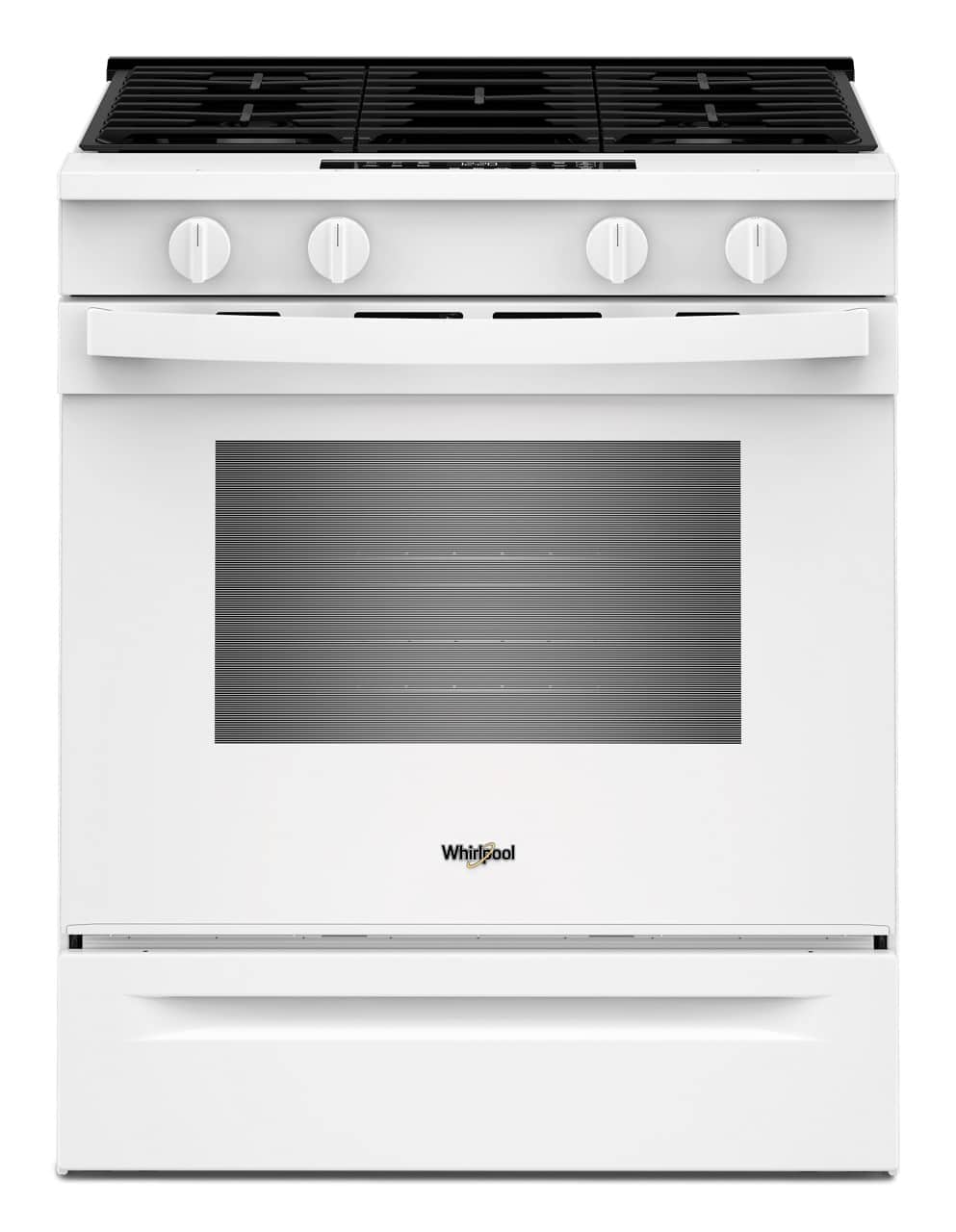 Front. Whirlpool - 30 in. Wide 4 burners 5.0 cu. ft. Freestanding Slide-In Gas Range with No Preheat and Slow Cook Modes - White.