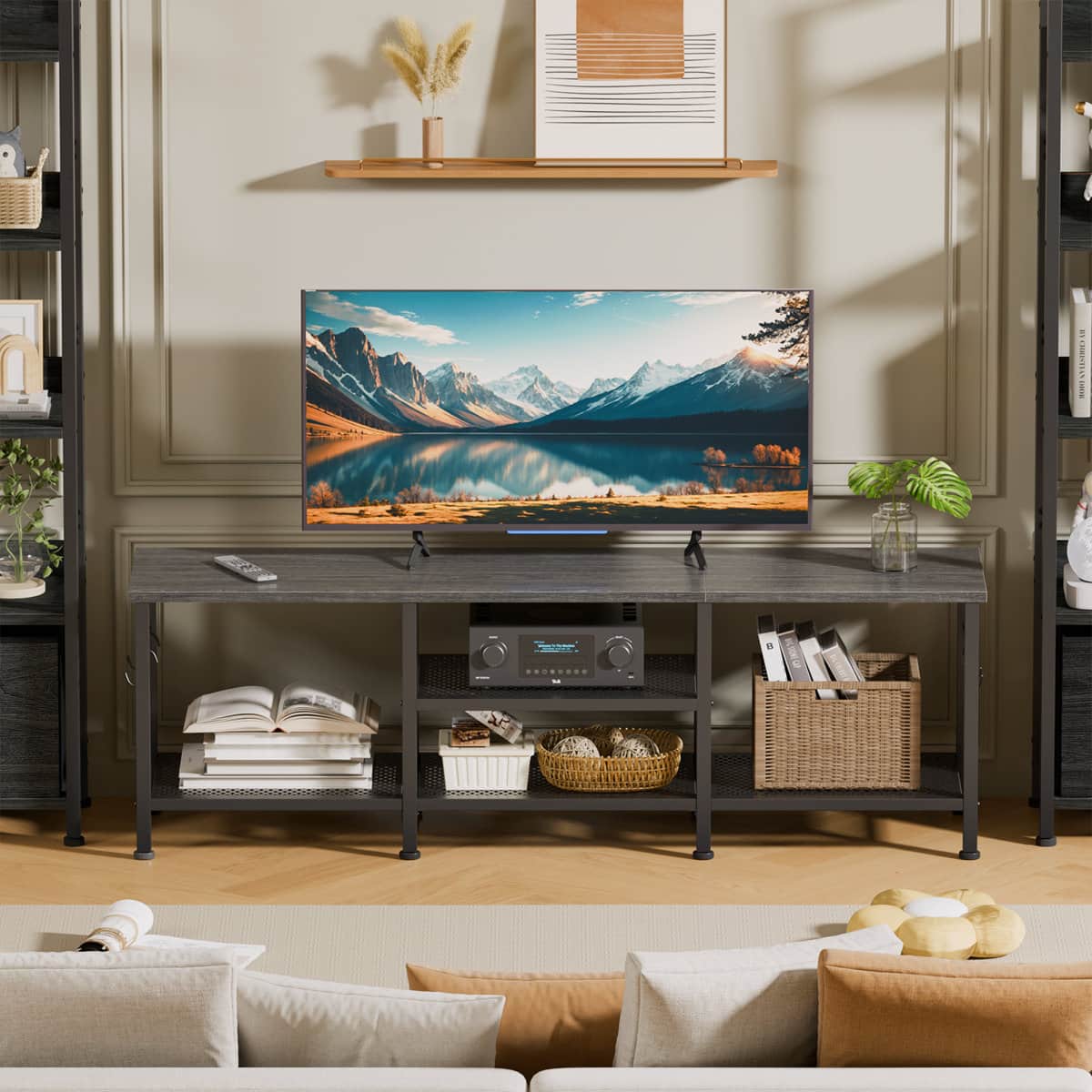 Furnulem - 55 In TV Stand Media Console Table Entertainment Center with Open Storage Shelves Soundbar Shelf for Living Room Decor - Gray