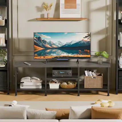 Front. Furnulem - 55 In TV Stand Media Console Table Entertainment Center with Open Storage Shelves Soundbar Shelf for Living Room Decor - Gray.