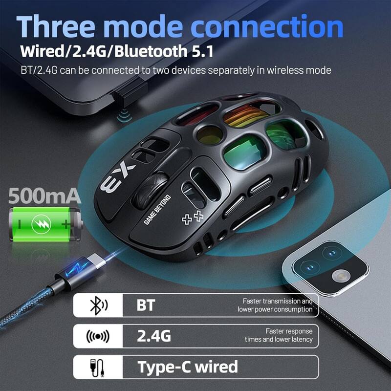 Three mode connection  
Wired/2.4G/Bluetooth 5.1  
BT/2.4G can be connected to two devices separately in wireless mode  

500mA  

BT  
Faster transmission and lower power consumption  

2.4G  
Faster response times and lower latency  

Type-C wired