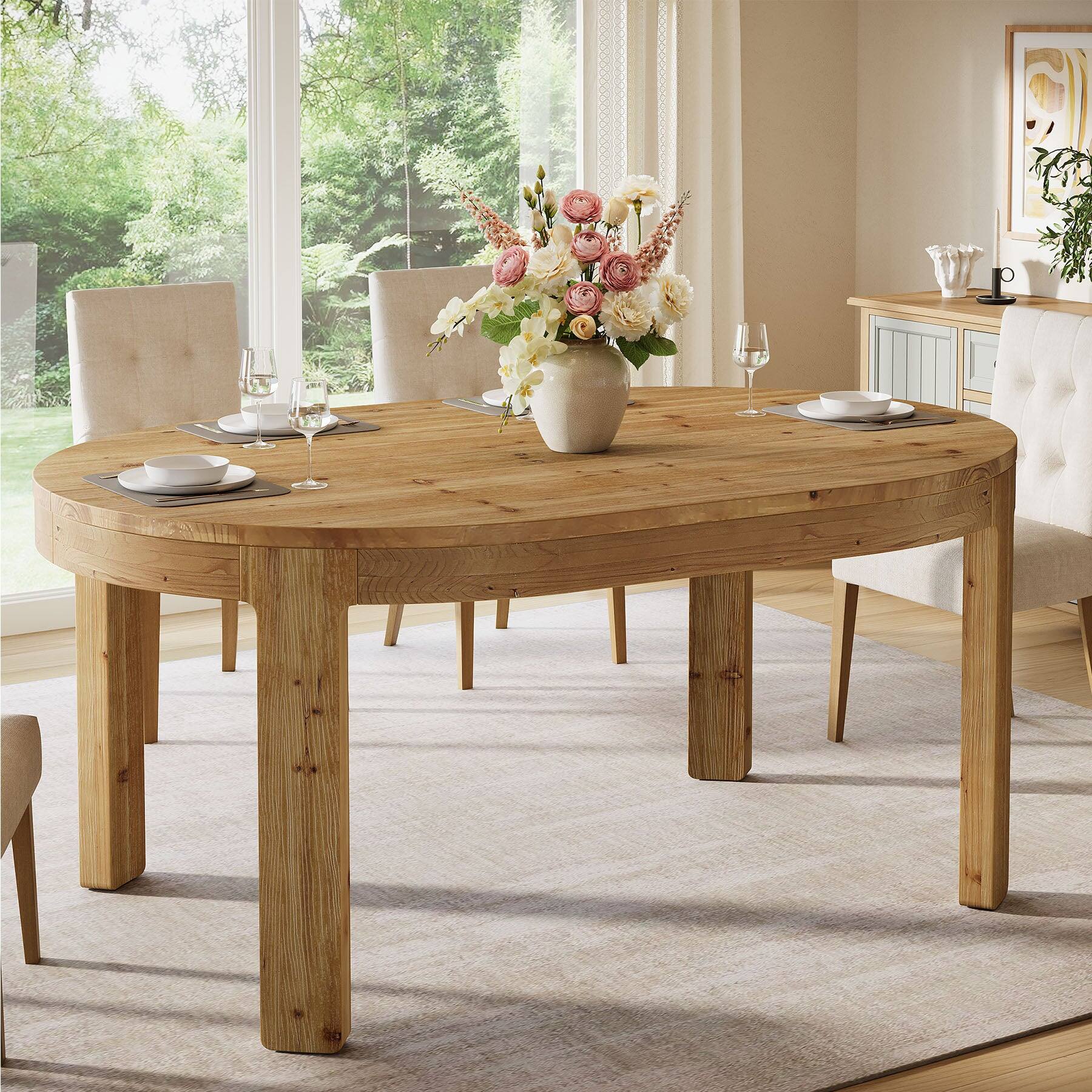 Front. Tribesigns - Solid Wood Dining Table with Thickened Legs and Oval Top for Dining Room and Kitchen - Brown.