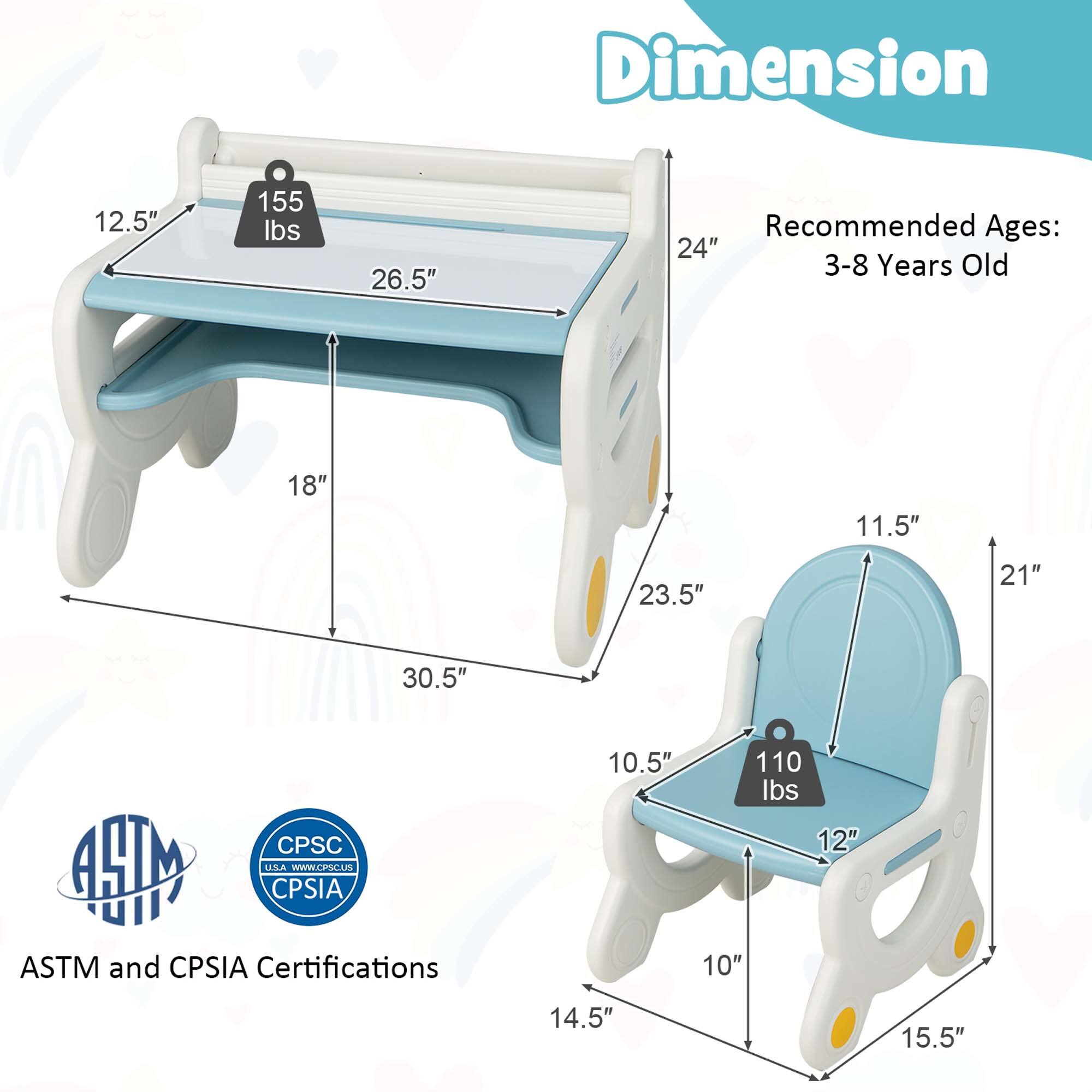 Dimension  
12.5" x 26.5" x 30.5" x 24" x 18"  
155 lbs  

Recommended Ages: 3-8 Years Old  

10.5" x 12" x 10" x 14.5" x 15.5" x 21" x 23.5" x 11.5"  
110 lbs  

ASTM and CPSIA Certifications  
CPSC HM  
CPSIA  
WWW.CPSO.LA  
II7