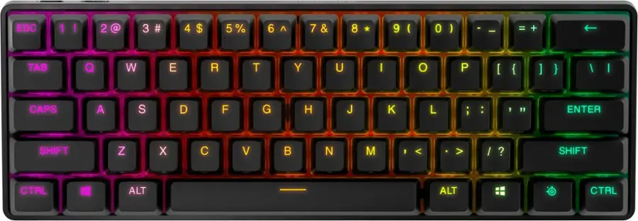 The image shows a colorful keyboard with a rainbow theme. The keys are arranged in a standard layout, with the letters and symbols grouped as follows:

1. ESC, 1, !, @, 2, #, 3, $
2. 4, 5, 6, ^, 7, &, 8, *, 9, (, 0), -, I, =, +, TAB, Q, W, E, R, T, Y, U, I, O, P, [, {, }], /, I, CAPS LOCK, S, D, F, G, H, J, K, L, ;, :, , "
3. ENTER, SHIFT, Z, X, C, V, B, N, M, <, >, /, ?, SHIFT, CTAL, ALT, ALT, CTRL