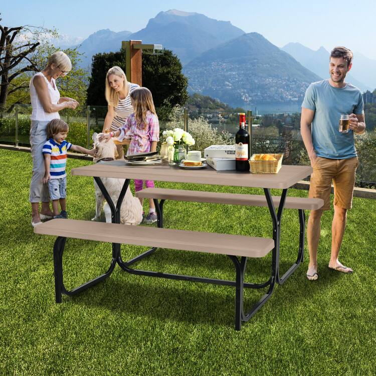 Alt View 1. SlickBlue - Outdoor Picnic Table Set HDPE with Metal Frame, Bench Seating Included - Coffee.