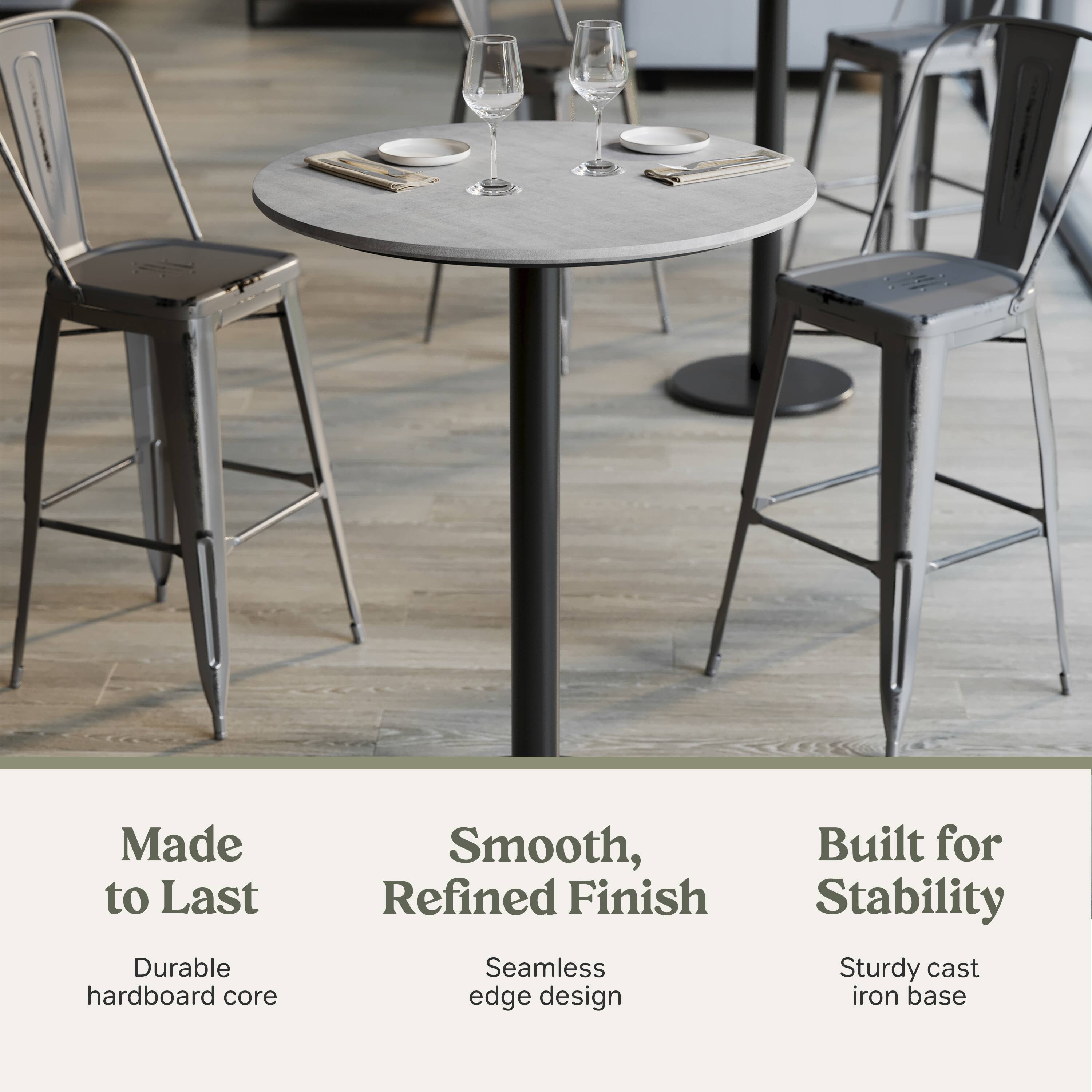 Made to Last  
Durable hardboard core  

Smooth, Refined Finish  
Seamless edge design  

Built for Stability  
Sturdy cast iron base