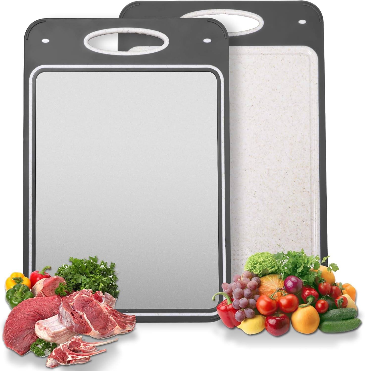 Front. PARKER SLATER - Titanium Cutting Boards Set – Double-Sided, Pure Titanium & Wheat Straw, Dishwasher Safe.
