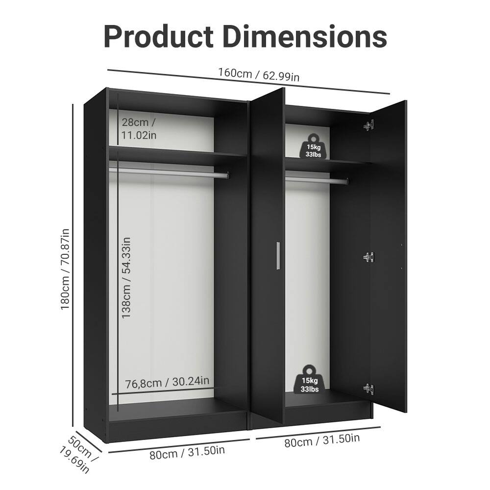 Product Dimensions

- Width: 160cm / 62.99in
- Height: 180cm / 70.87in
- Depth: 50cm / 19.69in
- Shelf Height: 28cm / 11.02in
- Shelf Height: 76.8cm / 30.24in
- Shelf Height: 138cm / 54.33in
- Shelf Height: 15kg / 33lbs
- Shelf Height: 15kg / 33lbs
- Shelf Height: 80cm / 31.50in
- Shelf Height: 80cm / 31.50in