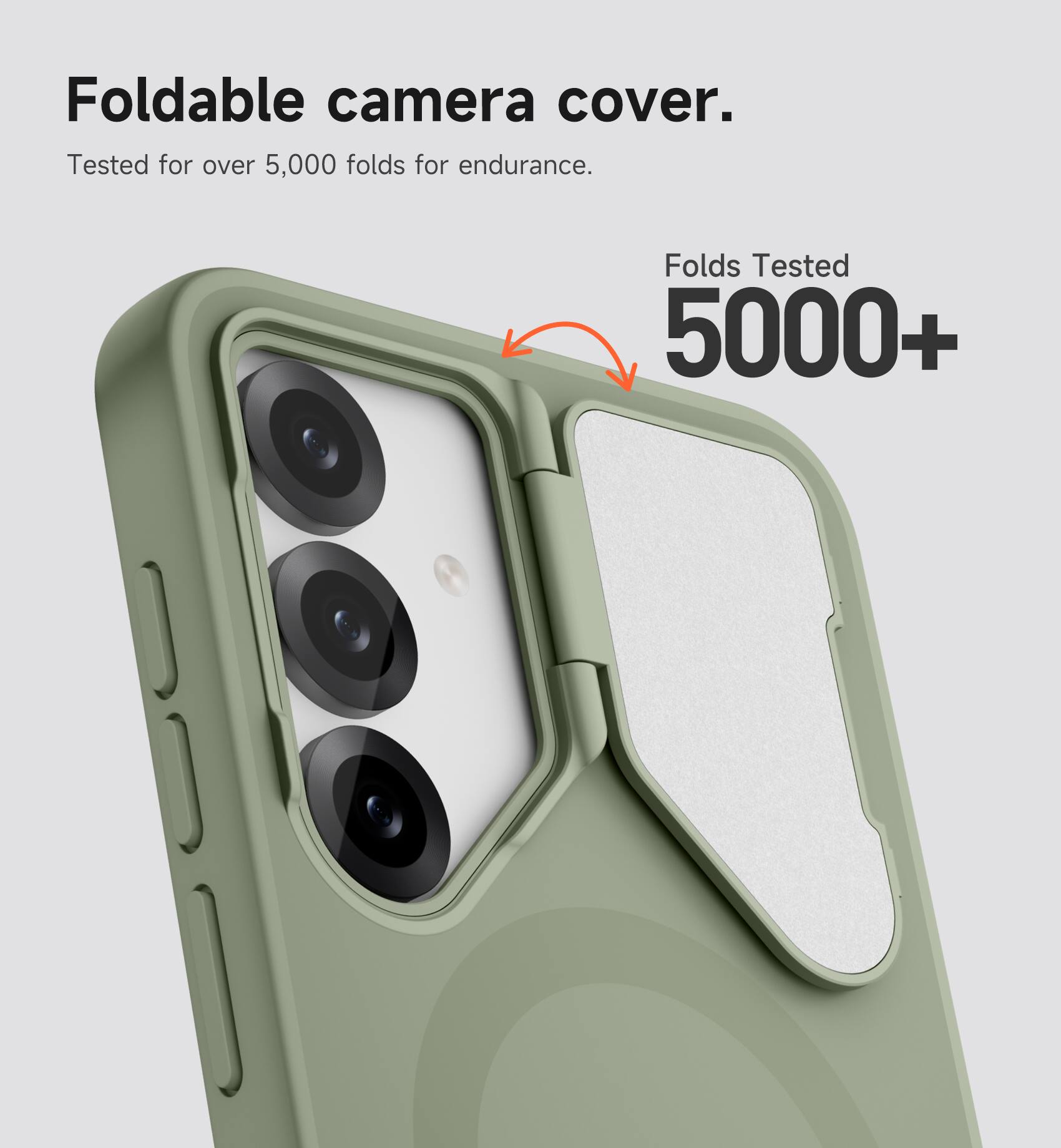 Foldable camera cover.  
Tested for over 5,000 folds for endurance.  
Folds Tested 5000+
