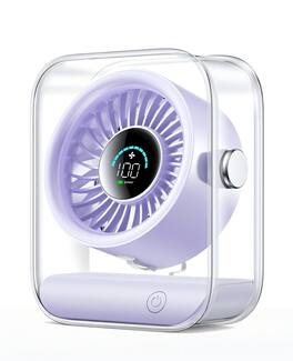 PRIMEPLUS - Rechargeable USB Desk Fan, 100 Speeds, Digital Display, 90° Rotating, Quiet Turbo Airflow for Home Office Travel - Lavender