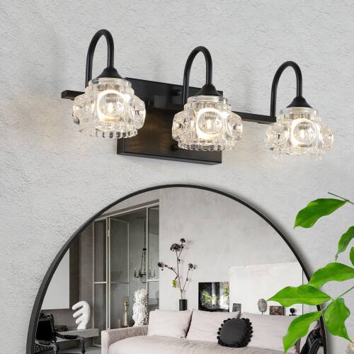 Left. LUCKY ONE - 17in Wall Mount Vanity Light, 3-Light Black Retro Sconce with Crystal Glass Shades - Black.